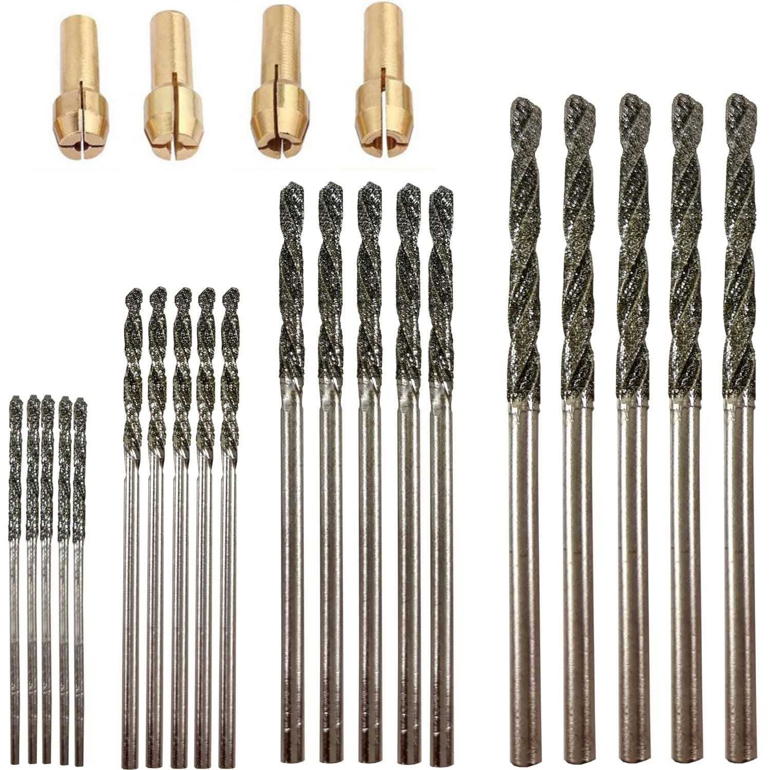 Diamond Drill Bit Set 1mm 1.5mm 2mm 2.5mm 20 Pieces 4 Sizes Compatible with Dremel Collets Included Twist Tip Jewelry Beach Sea Glass Shells - Cheap Fitting