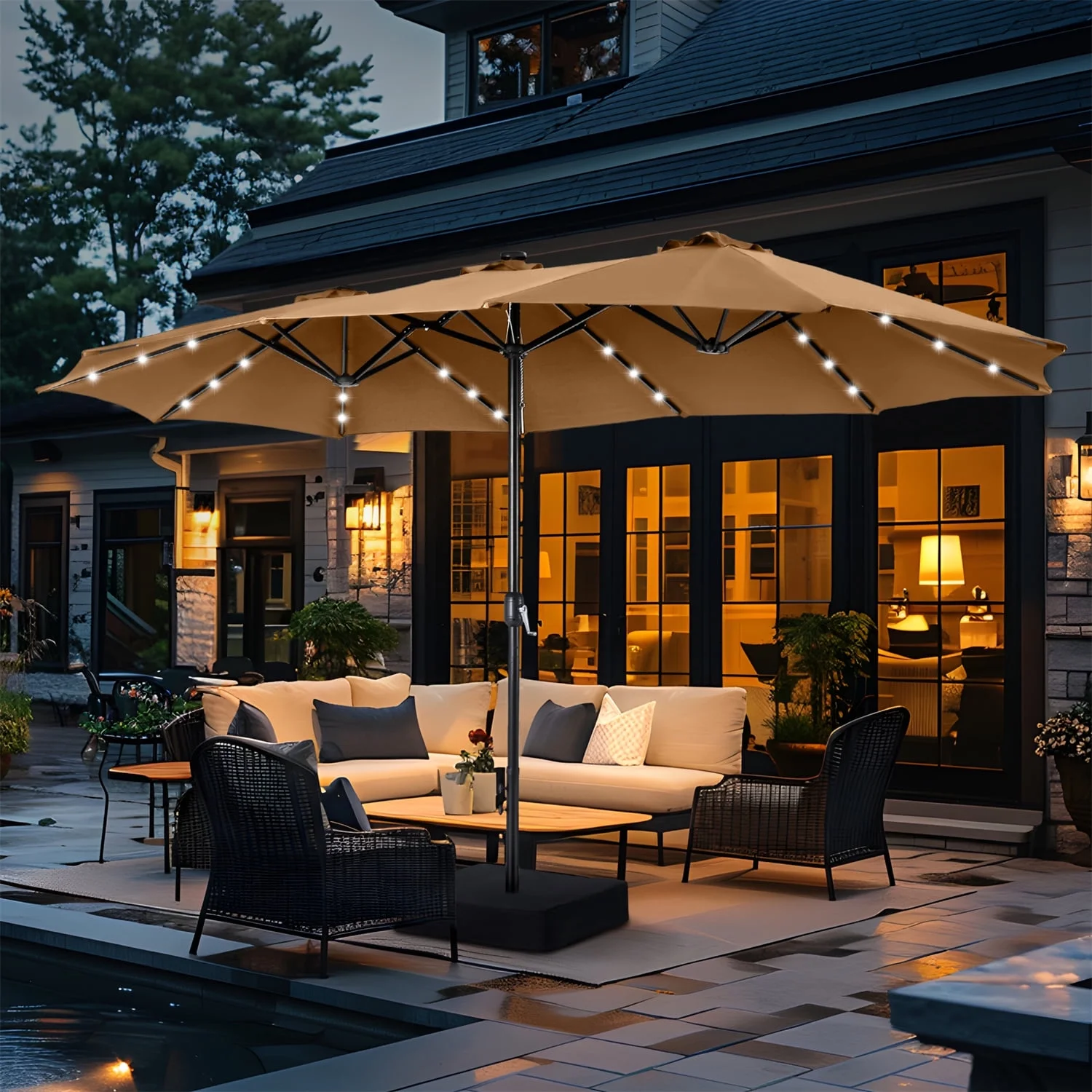 Summit Living 15 FT Double-Sided Solar Patio Umbrella with Base Large Outdoor Umbrella with LED Solar Lights - Haze Blue - Cheap Fitting