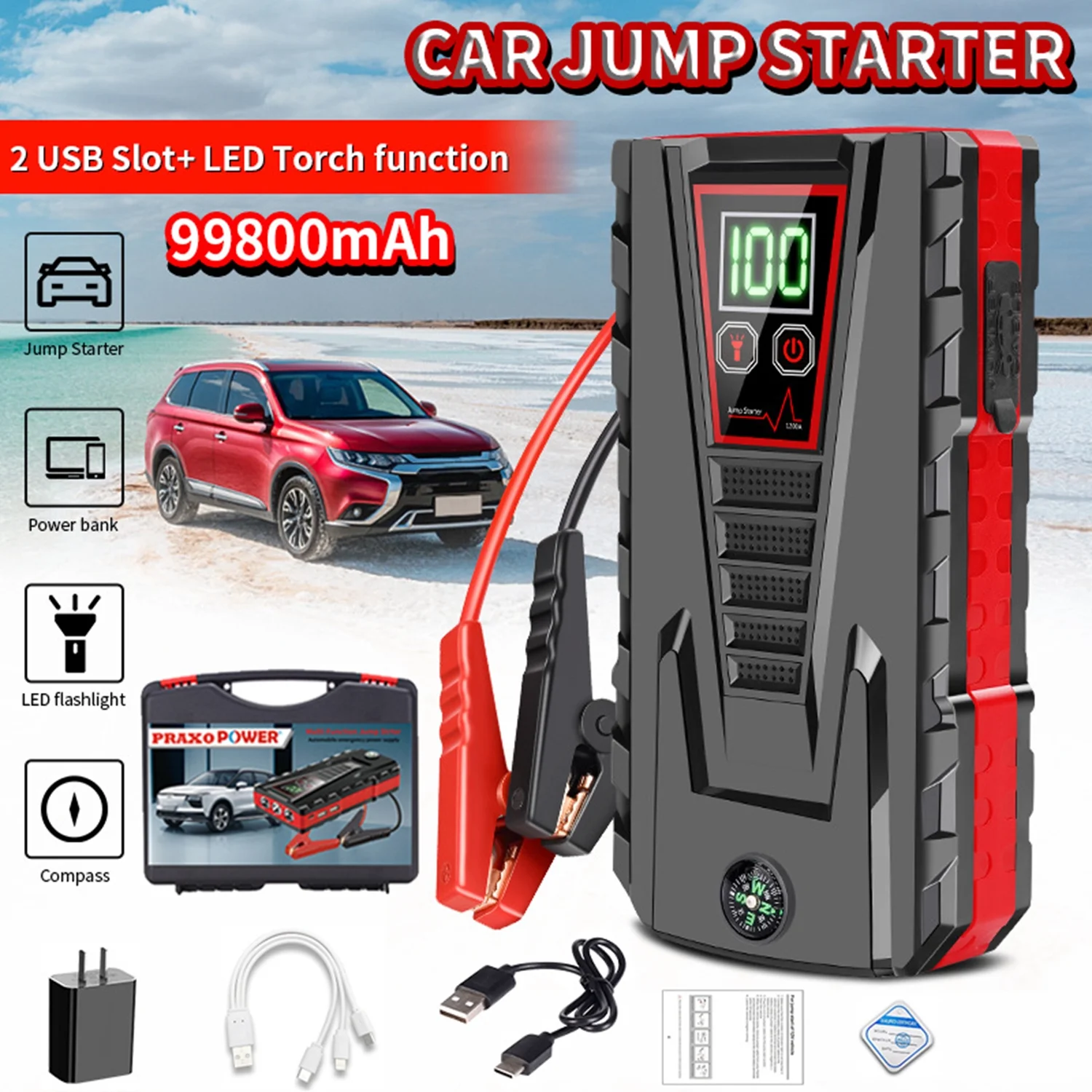 PRAXO Multi-functional Car Jump Starter, 5000A Peak 99800mAh Battery Jump Starter, 12V Car Battery Charger, Auto Battery Booster w/ LCD Display & 3 LED Modes, Portable Power Bank Charger - Cheap Fitting