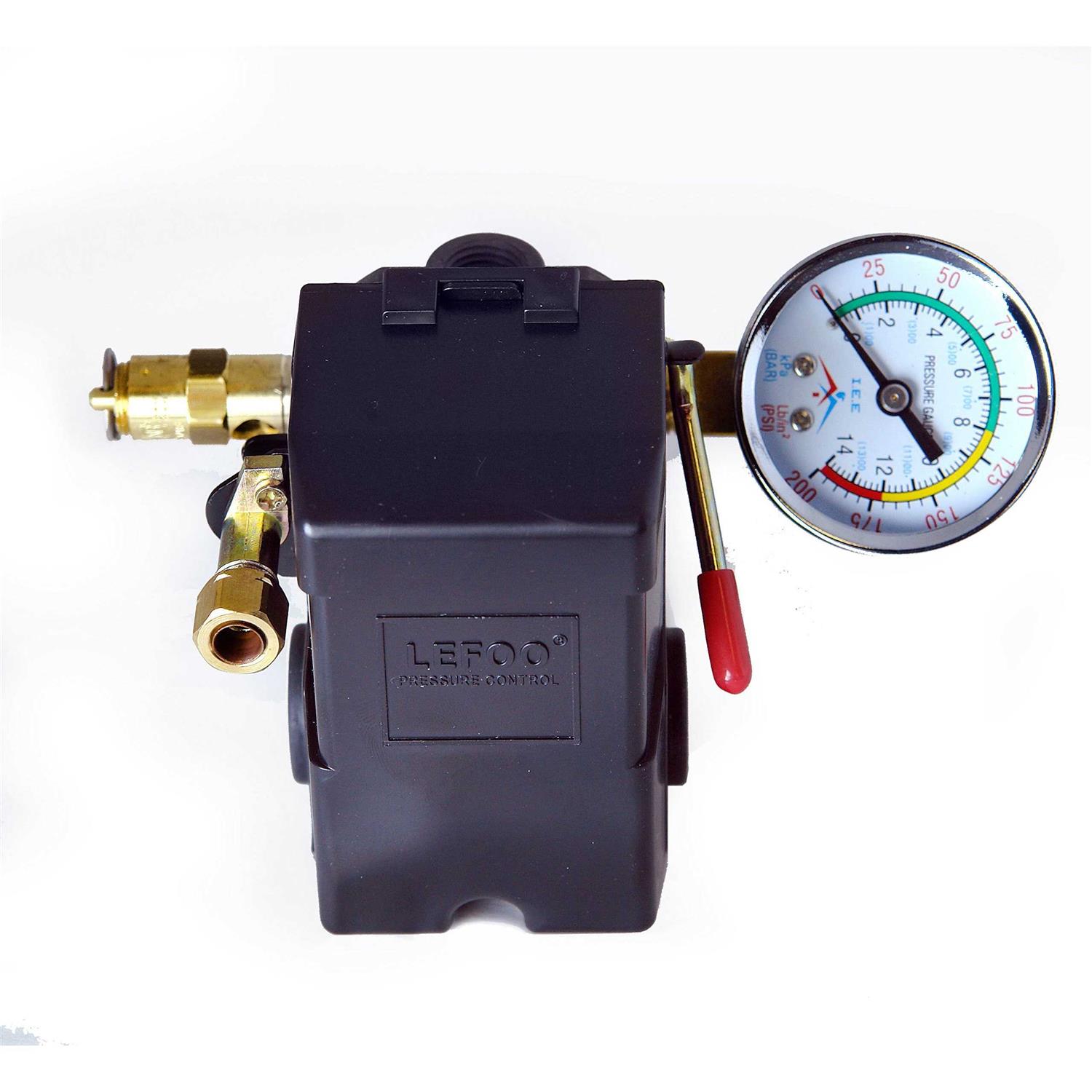 Air Compressor Pressure Control Switch 4 Ports 95-125 PSI w/ 0-200 PSI Gauge 150 PSI pop off valve - Cheap Fitting