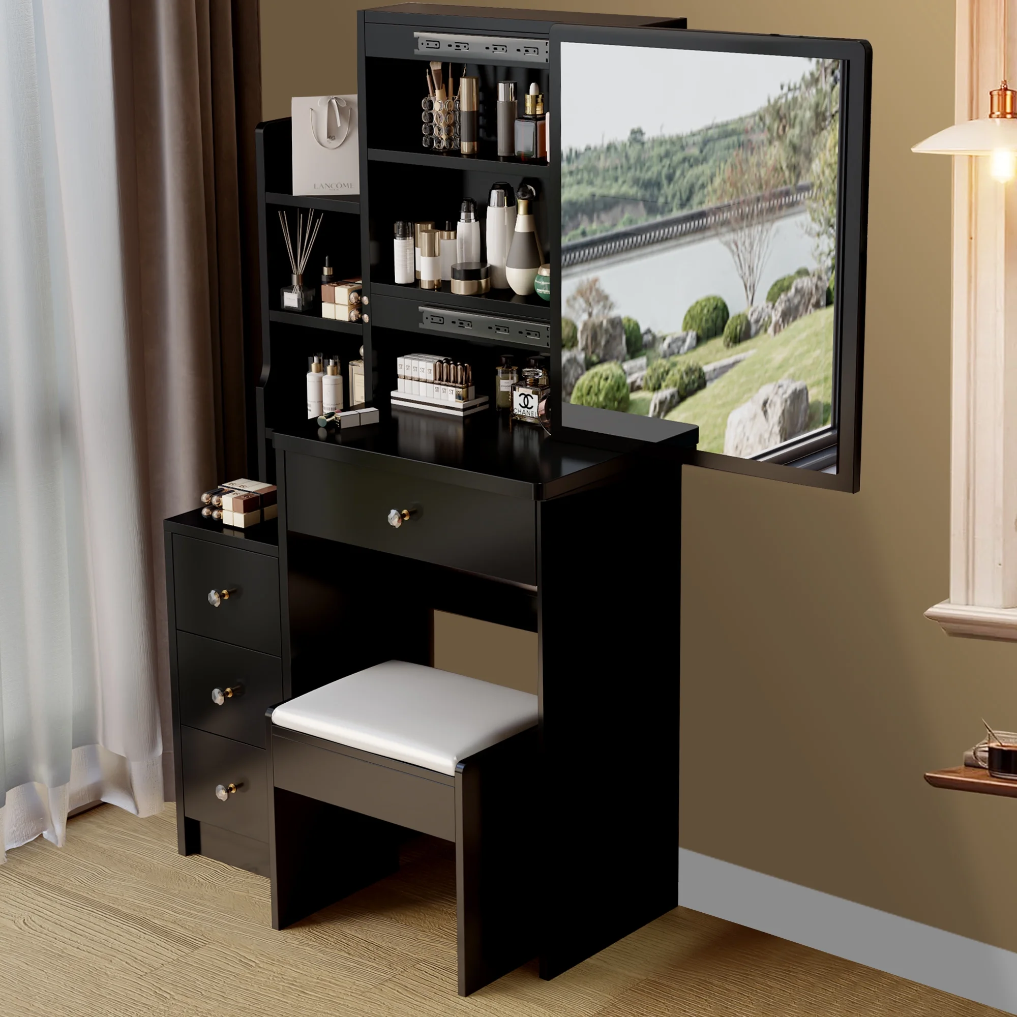 SESSLIFE Vanity Set with Sliding Mirror, White Makeup Desk with Drawers & Stool, Makeup Dressing Table Set for Girls,Princess - Cheap Fitting