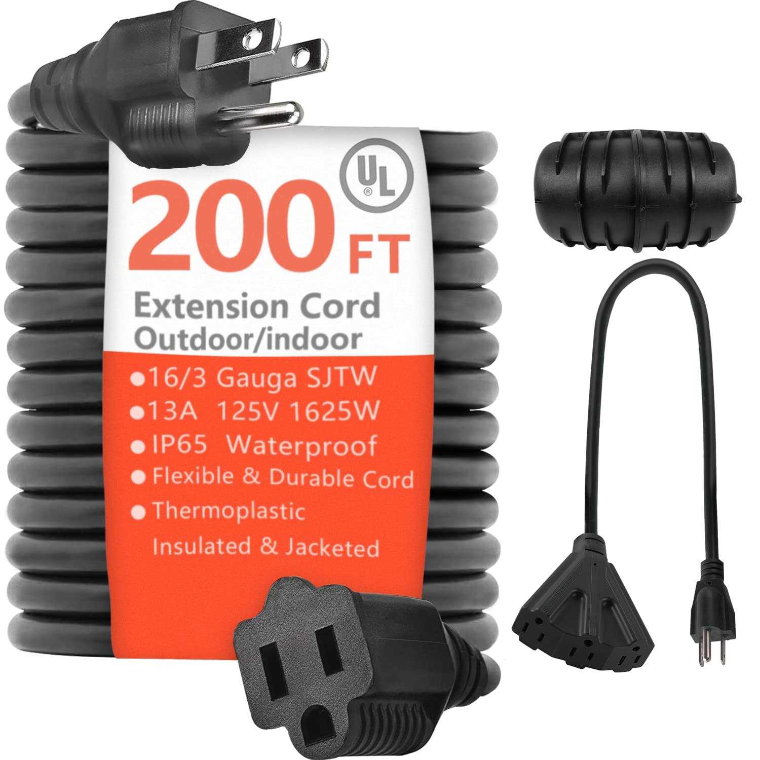 200 ft Black Outdoor Extension Cord Extra Long 16 Gauge SJTW 3 Prong Grounded Plug Electric CableCords with Multiple Plug Outlet&Safety Cover-200 - Cheap Fitting