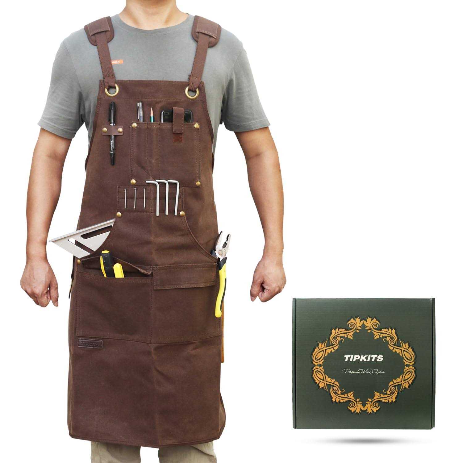 TIPKITS Woodworking Apron with 9 Tool Pockets Work Aprons 20 oz Waxed Canvas with Magnetic Holders - Cheap Fitting