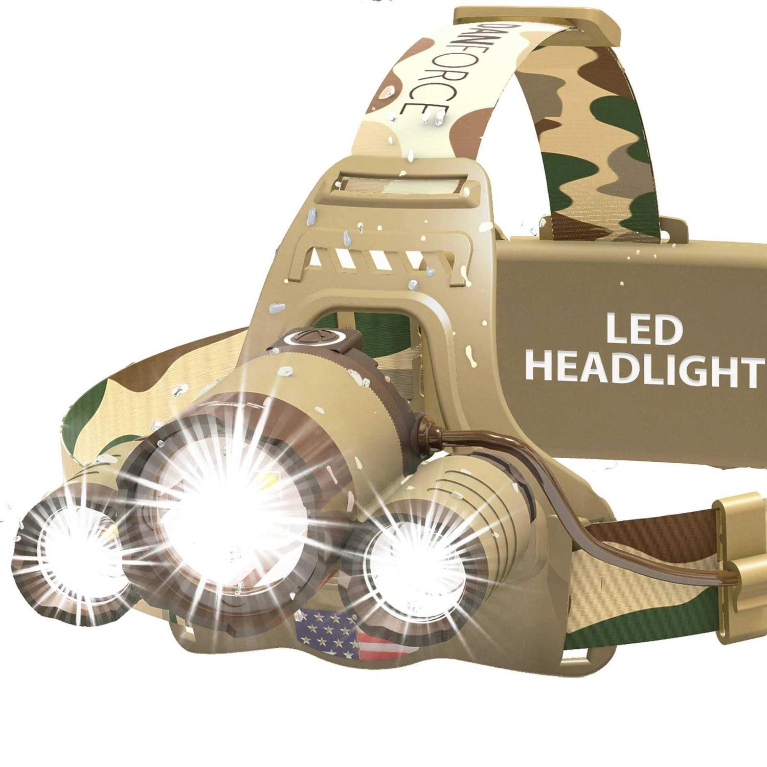 DanForce Camouflaged Headlamp Ultra Bright USB Rechargeable Head lamp. Tactical Head Flashlight Designed Especially for Hunting & Fishing. LED - Cheap Fitting
