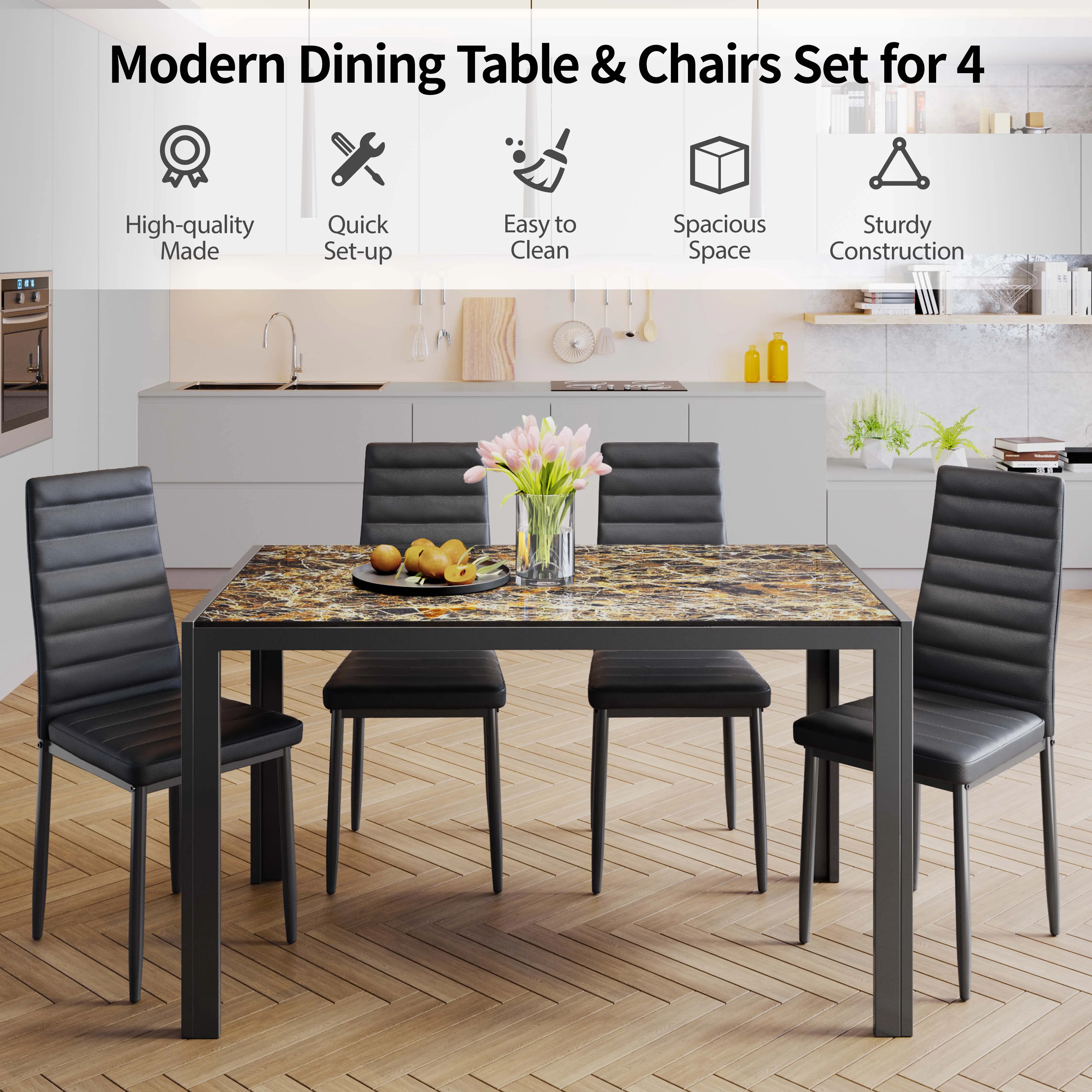 Aiho 5-Piece Rectanglar Kitchen Dining Table Set for 4 for Dining Room, Black, Black - Cheap Fitting