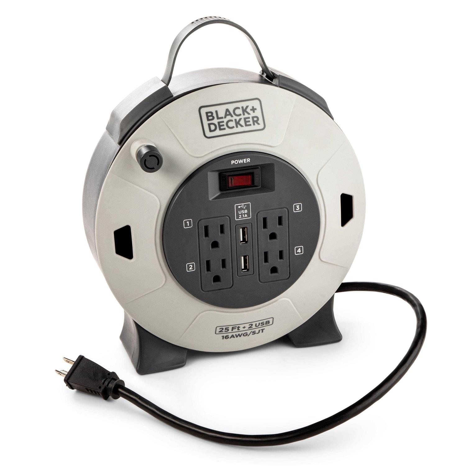 BLACK+DECKER 25 ft. Retractable Extension Cord Reel With 4 Outlets 2 USB Ports - Cheap Fitting