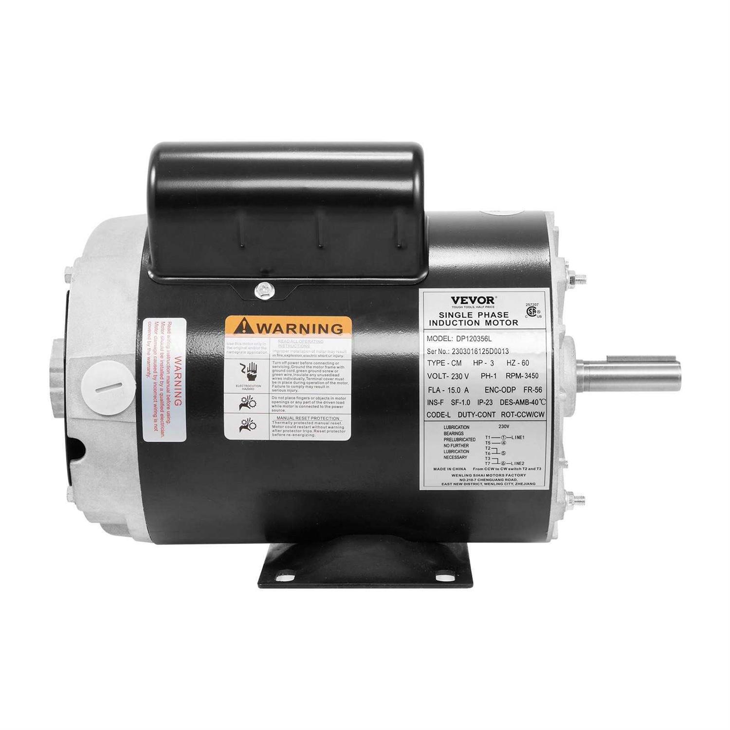 VEVOR 3HP Air Compressor Motor 3450 RPM Single Phase Electric Motor 5/8 in. Keyed shaft 230V FLA 15A 56 Frame CW/CCW Rotation - Cheap Fitting