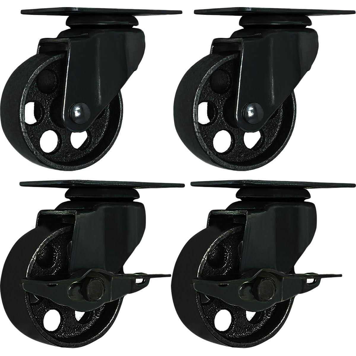 MHG 4 All Black Metal Swivel Plate Caster Wheels with Brake Lock - Cheap Fitting