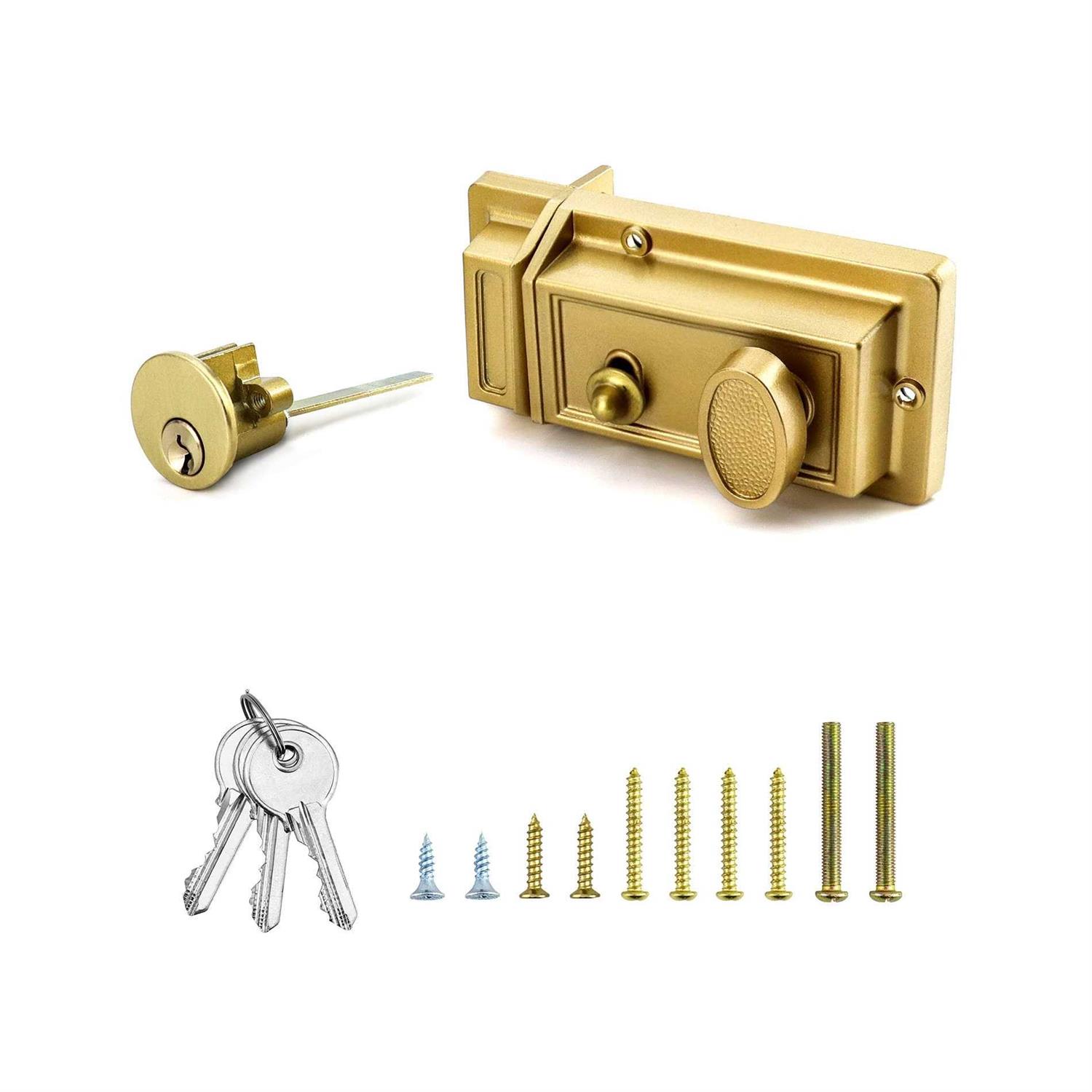 QWORK Night Latch Deadbolt Rim Lock with Key Gold Finish Antique Style Lock with Front Door Key - Cheap Fitting