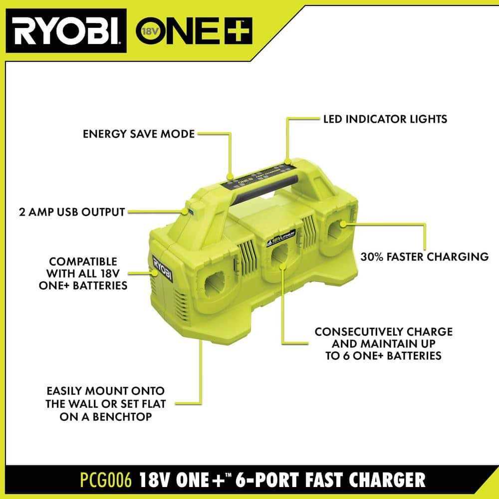 RYOBI ONE+ 18V Lithium-Ion 2.0 Ah Compact Battery with 6-Port Charger - Cheap Fitting