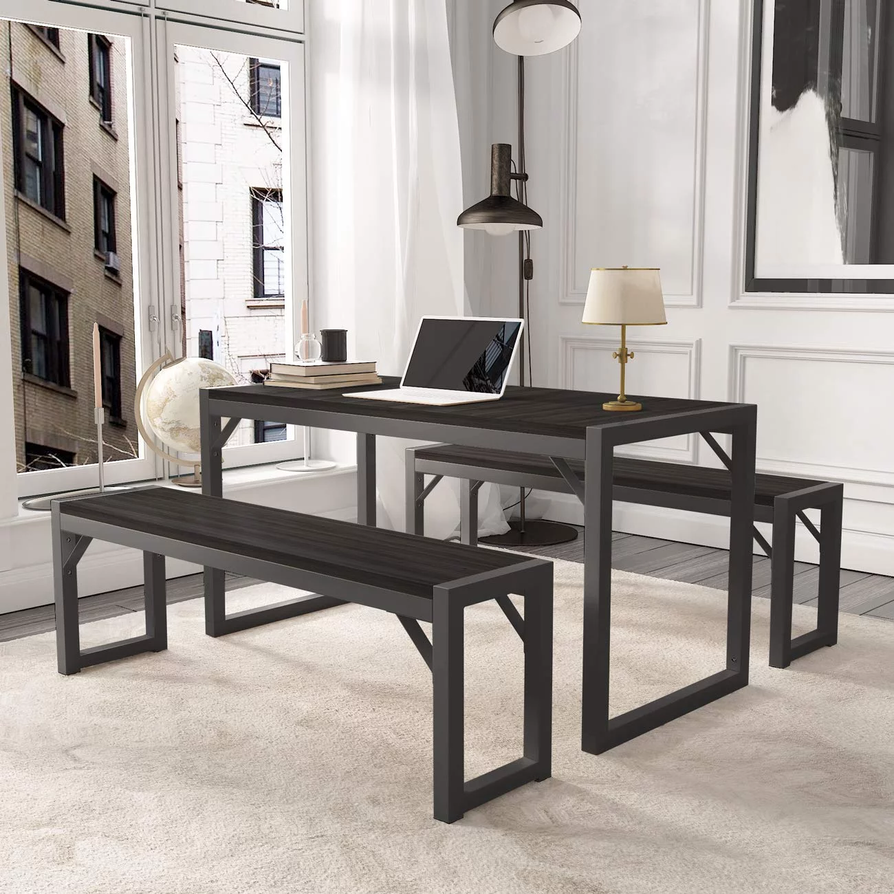 Allewie Modern 3-Piece Soho Dining/Kitchen Table Set with Benches, Sturdy Metal Frame and MDF Board - Cheap Fitting