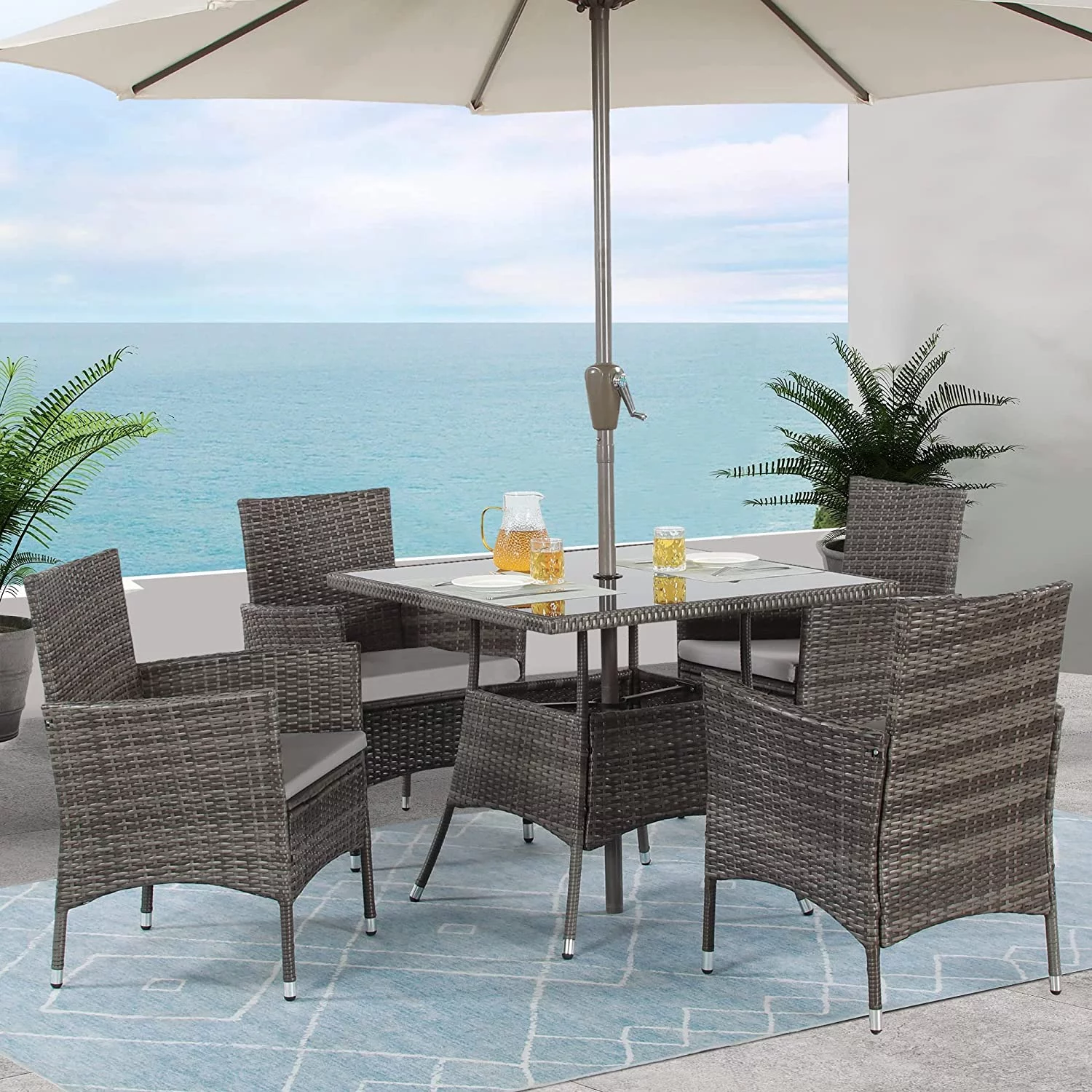 Superjoe 5 Piece Outdoor Wicker Patio Dining Set, Patio Table and Chairs Set for  4 People, Steel Frame, Umbrella Hole, Grey - Cheap Fitting