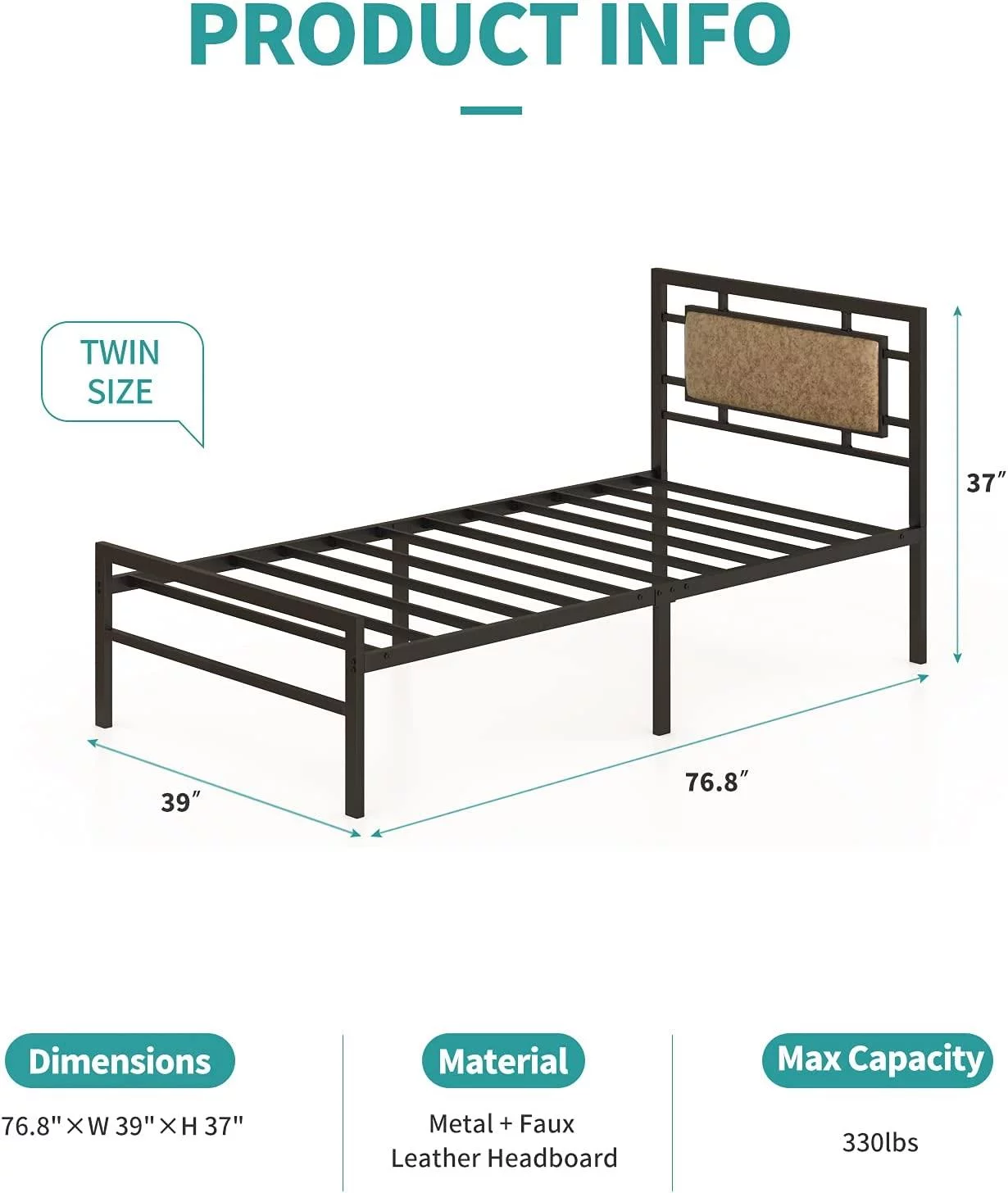 UBesGoo Vintage Metal Twin Bed Frame - Rustic Brown Upholstered Faux Leather Headboard - Platform Bed with Strong Metal Slats - Easy Assembly - No Box Spring Needed - Cheap Fitting