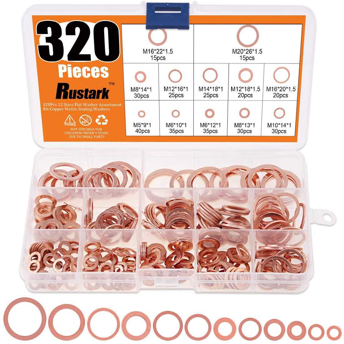 Rustark 320 Pcs Copper Flat Washers Assortment Kit Metric Sealing Washers M5 M6 M8 M10 M12 M14 M16 M20 - Cheap Fitting