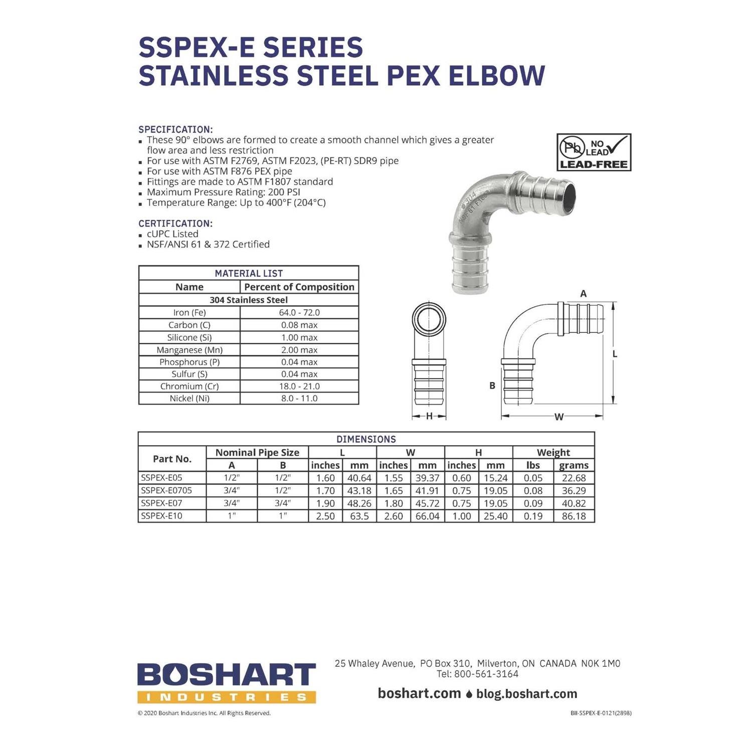 Boshart Stainless Steel Pex 90 Elbow - Cheap Fitting