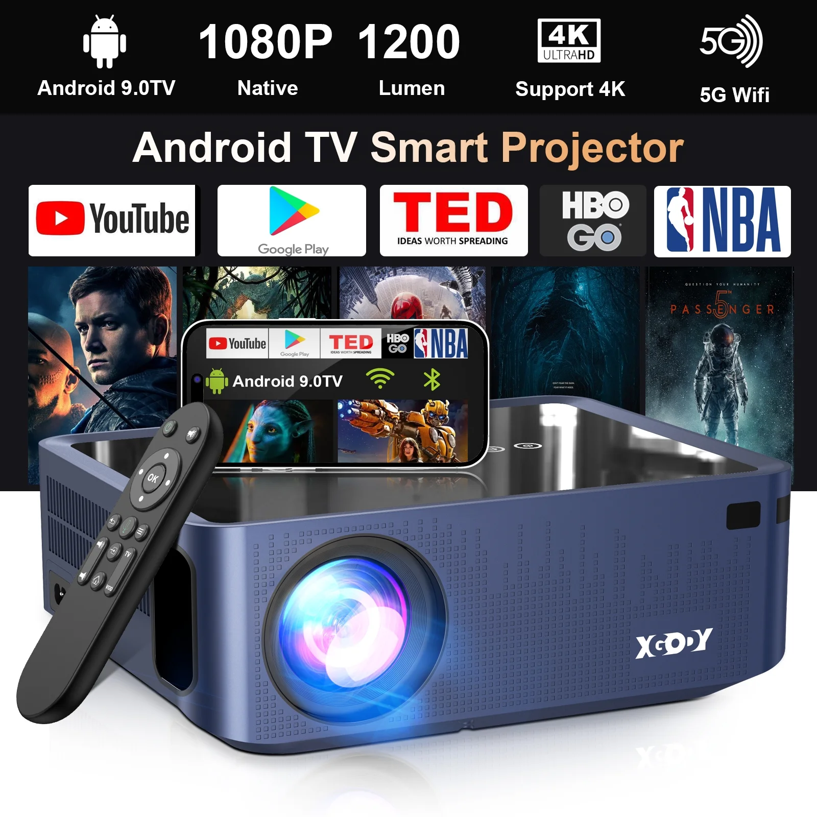 Xgody Native 1080p Projector 4k Supported, Android TV 9.0 Smart Projector, WiFi Bluetooth Movie Projectors , Home Theater Projector - Cheap Fitting