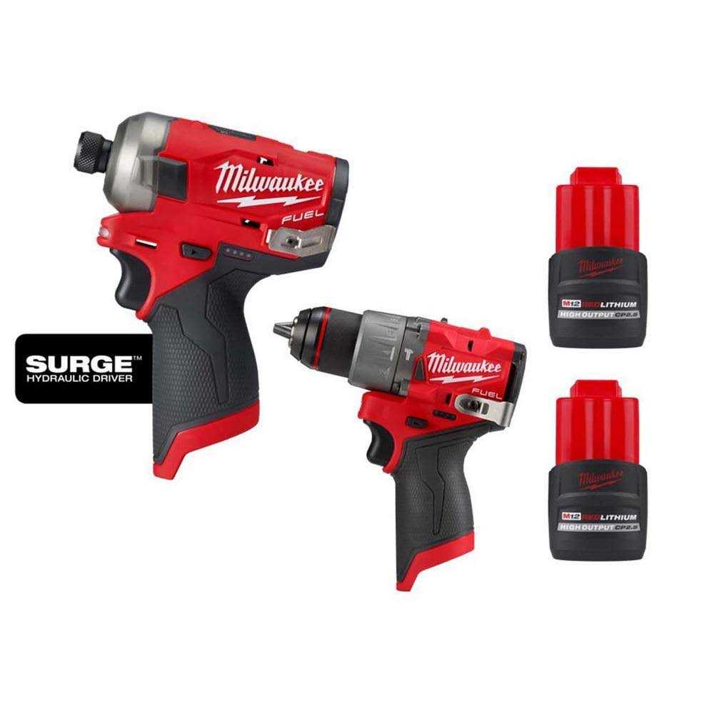 Milwaukee M12 FUEL SURGE 12-Volt 1/4 in. Hex Impact Driver w/1/2 in. Hammer Drill and M12 HO 2.5 Ah Battery Packs - Cheap Fitting
