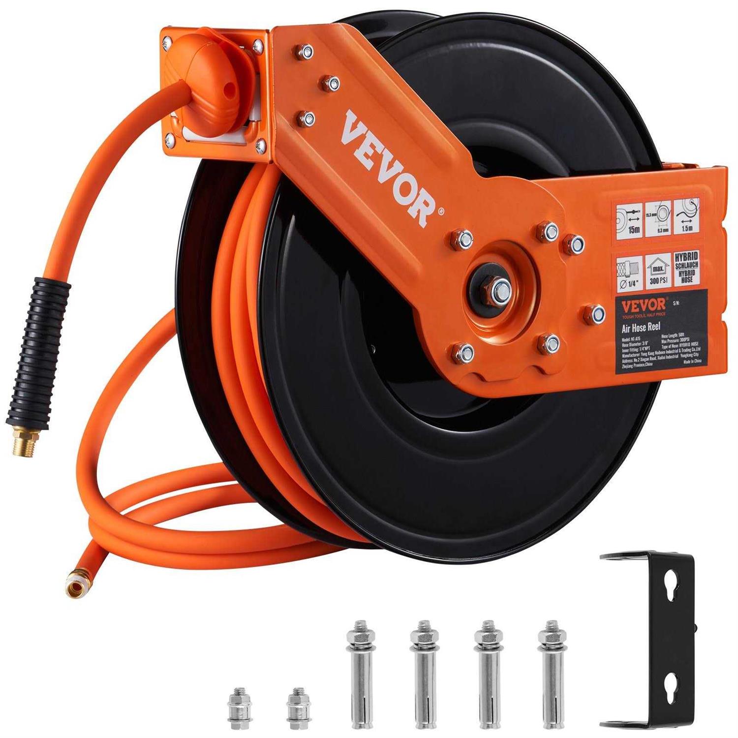 VEVOR Retractable Air Hose Reel 3/8 IN x 50 FT Hybrid Air Hose Max 300PSI - Cheap Fitting
