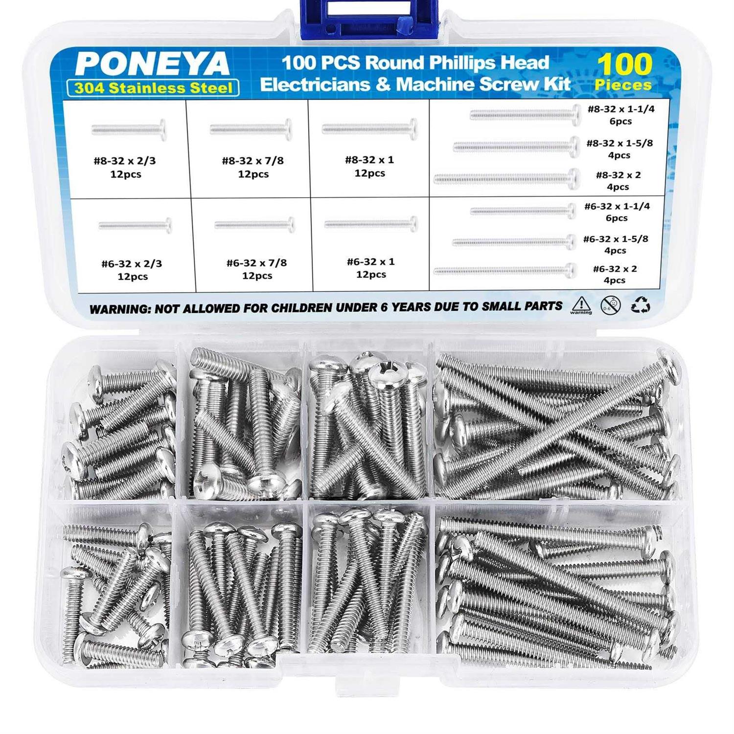 Machine Screws, 100 Pcs Phillips Pan Head Electricians Screw Kit #6-32#8-32 Thread 304 Stainless Steel Screws for Electrical Wall Plate Switch, - Cheap Fitting