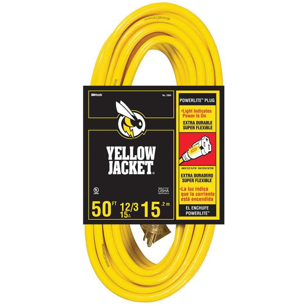 Yellow Jacket 50 ft. 12/3 SJTW Premium Outdoor Heavy-Duty Extension Cord with Power Light Plug - Cheap Fitting