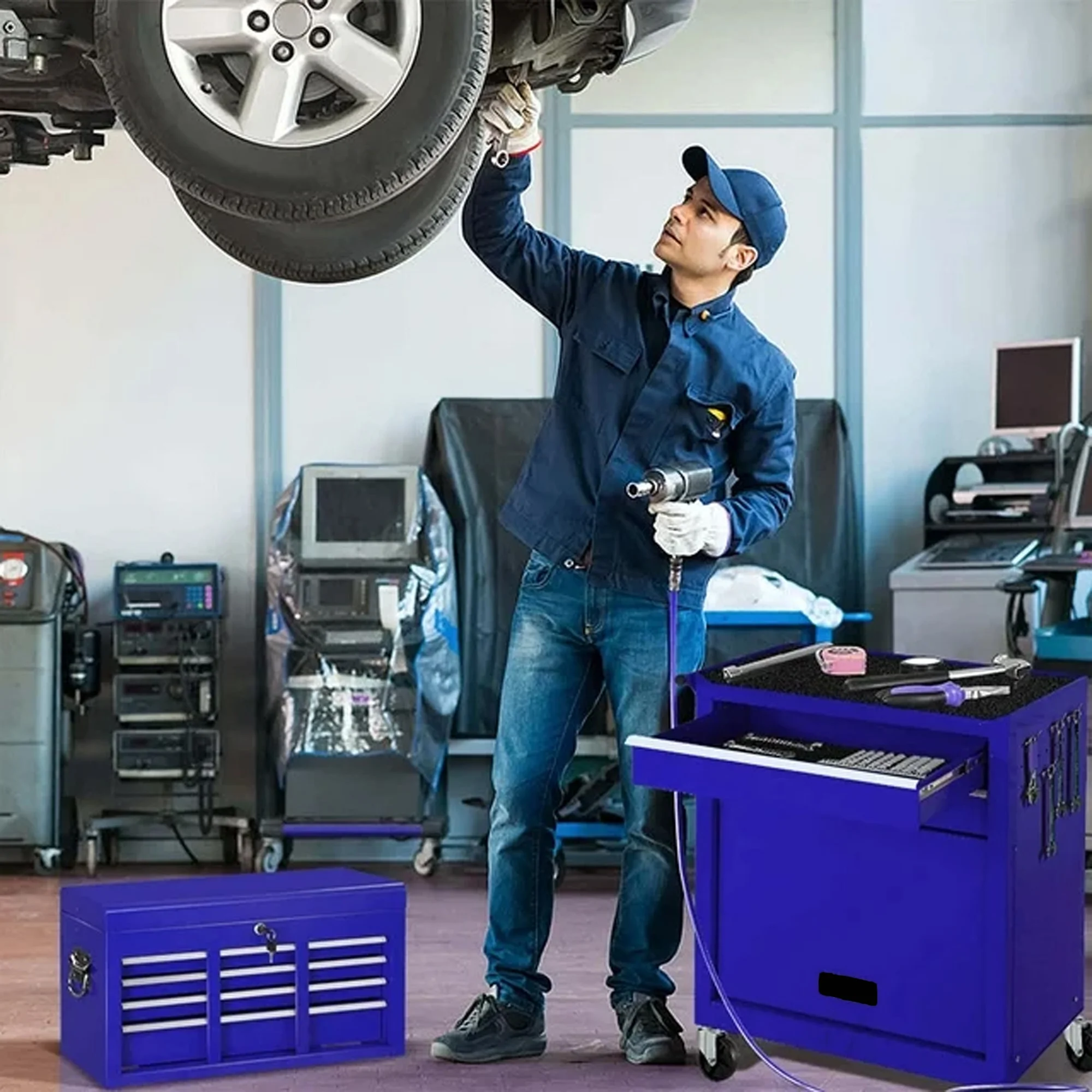 Aukfa Tool Chest, 2 in 1 Steel Rolling Tool Box & Cabinet On Wheels for Garage, 8-Drawer, Blue - Cheap Fitting