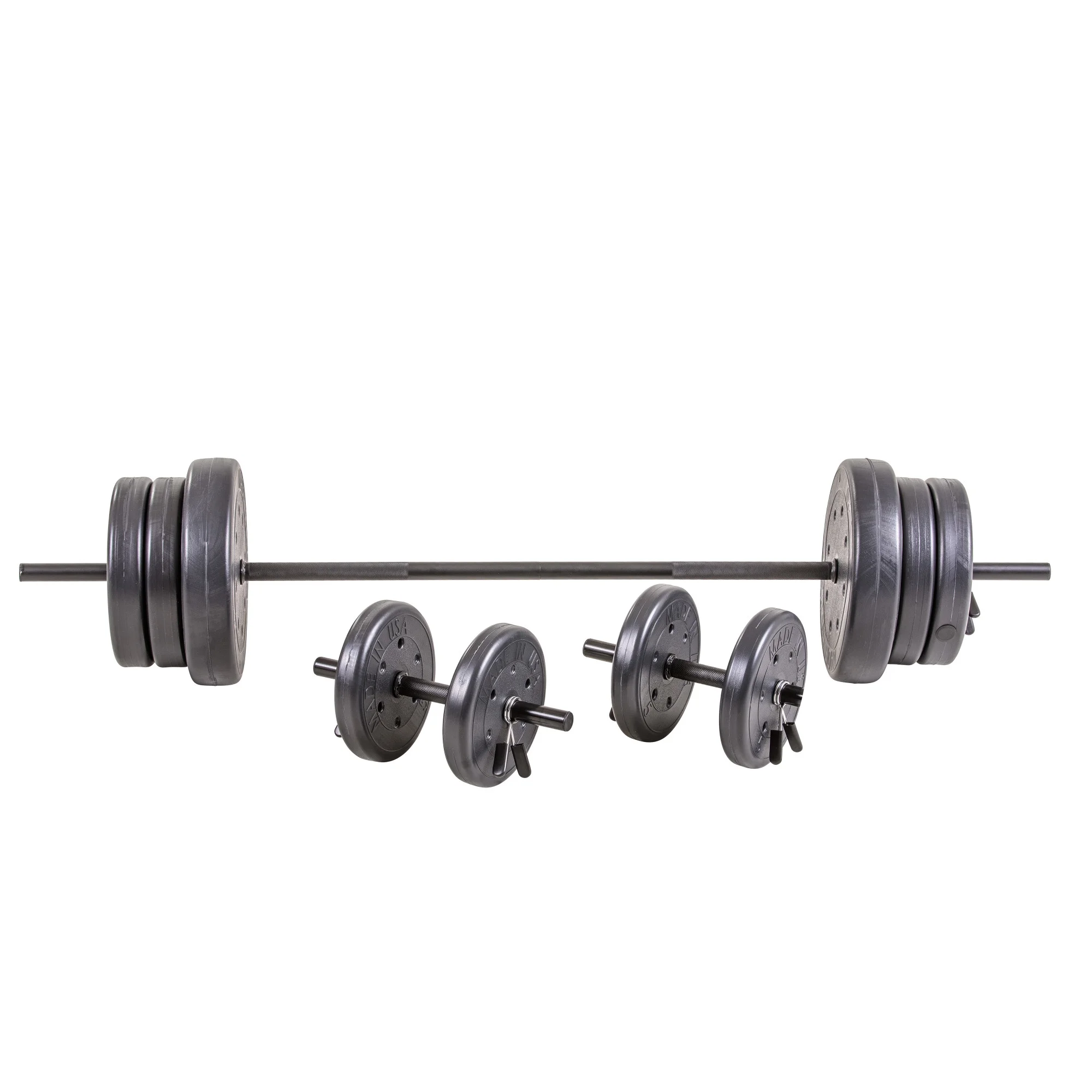 105 lb Barbell and Dumbell  Weight Set Featuring Two 20 lb., Four 10 lb. and Four 5 lb. Weights, Two Dumbbell Bars & Full 6-foot Length Bar - Cheap Fitting