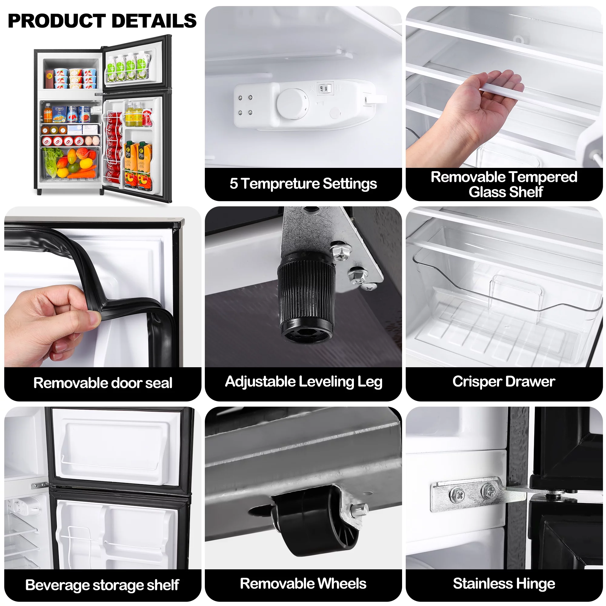 WANAI 3.5 Cu ft Two Door Mini Fridge with Freezer, Black - Cheap Fitting