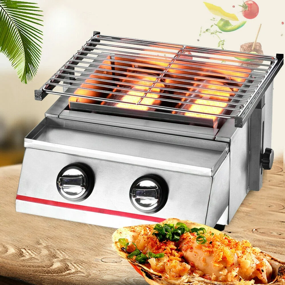 2 Burners Portable BBQ Table Top Camping Gas Smokeless Grill Stainless Steel - Cheap Fitting