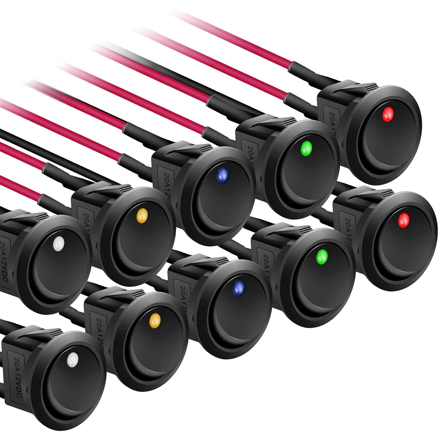 APIELE Rocker Toggle Switch 20 CM Pre-Wired DC 12V 20A ON-Off with Dot Light SPST 3 Pins 2 Position 10Pcs KCD2-102N-Wired - Cheap Fitting