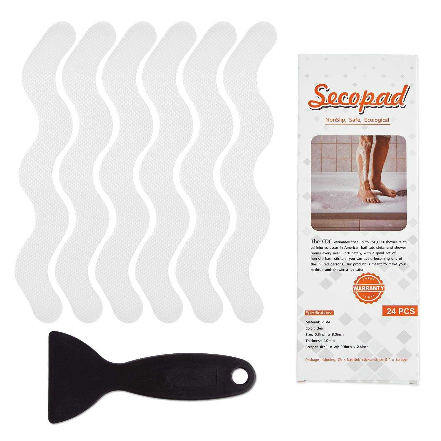 Secopad Patented Anti Slip Shower Stickers 24 PCS Safety Bathtub Strips Adhesive Decals with Premium Scraper for Bath Tub Shower Stairs - Cheap Fitting