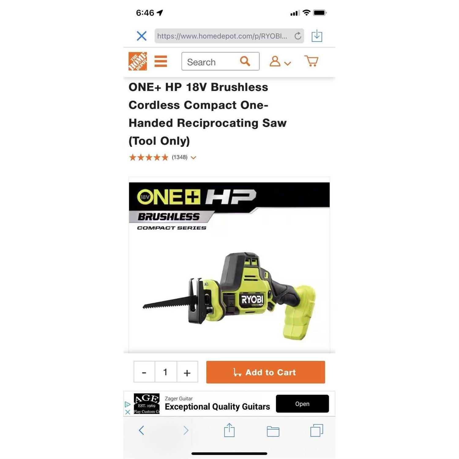 Ryobi ONE+ HP 18V Brushless Cordless Compact One-Handed Reciprocating Saw - Cheap Fitting