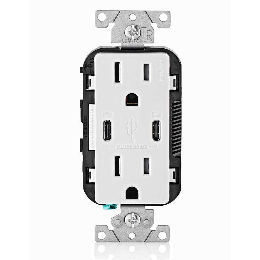Leviton T5635-W 30W USB Dual Type-C/C Power Delivery In-Wall Charger with 15A Tamper-Resistant Outlet - Cheap Fitting