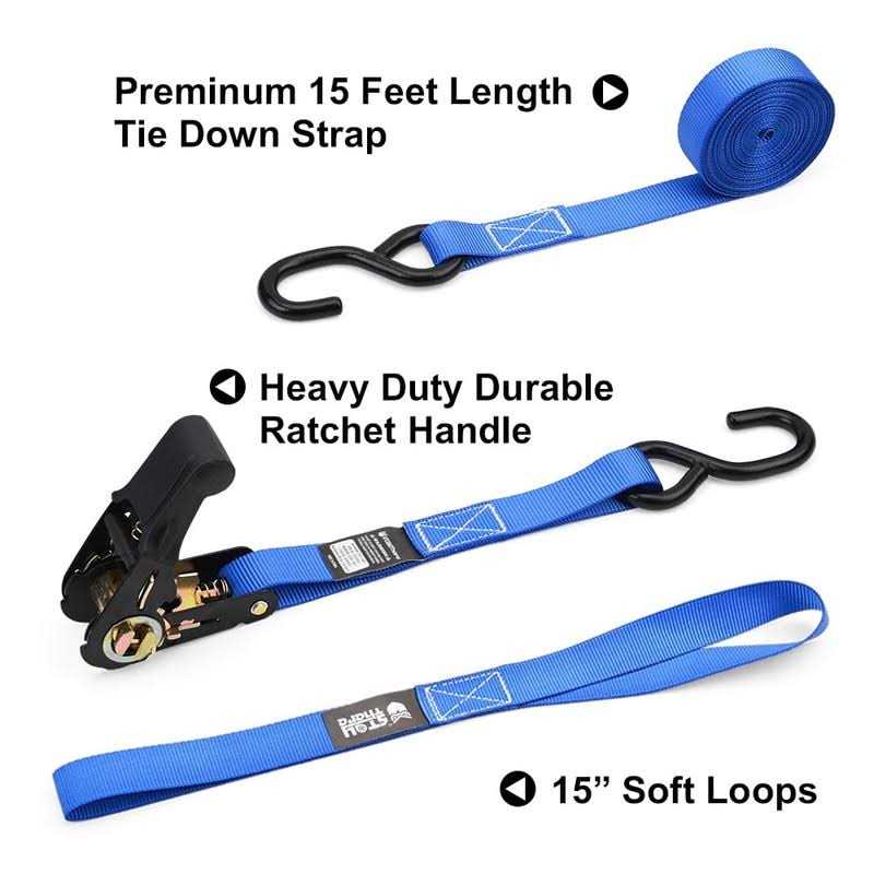 Stay There Ratchet Tie Down Straps 1” x15′ Ratchet Straps with S Hook - Cheap Fitting