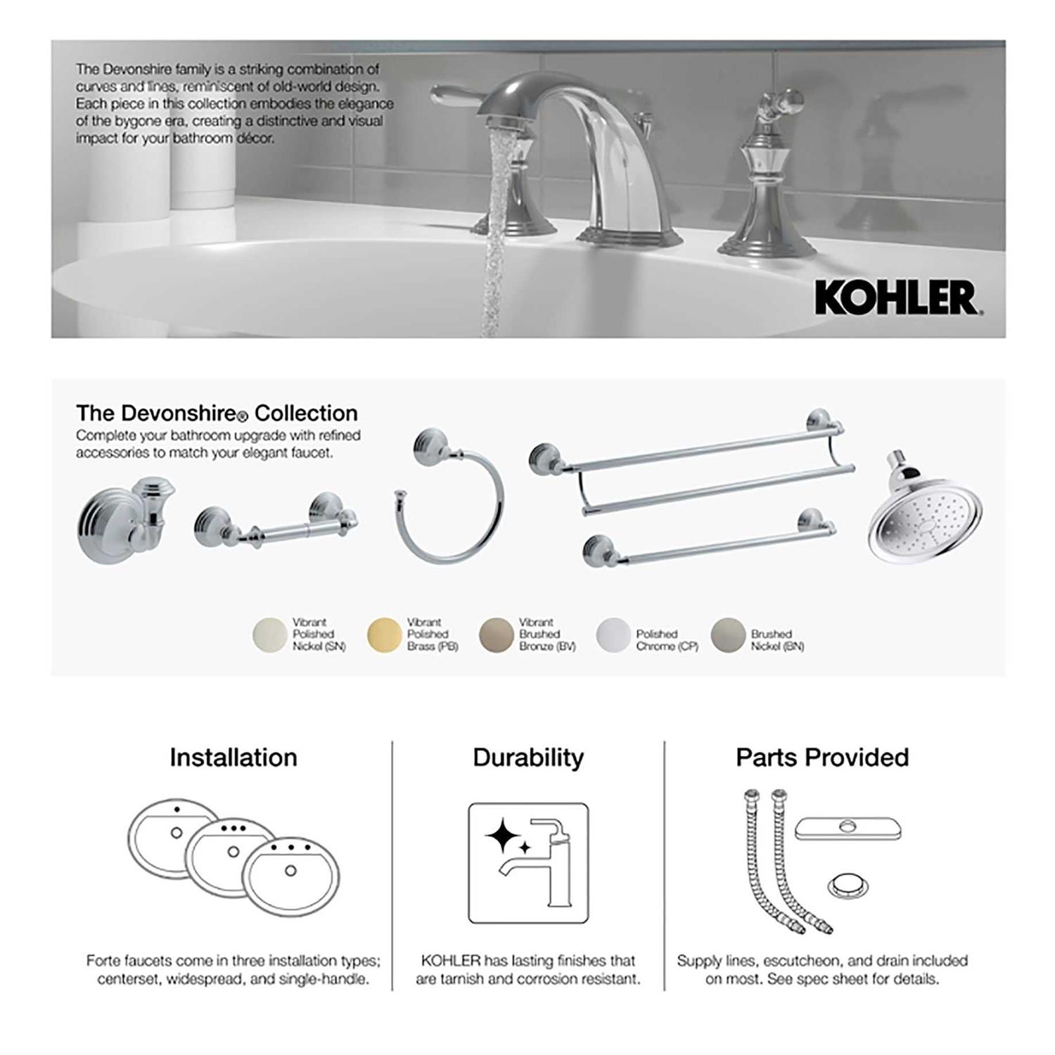 Kohler K-TS395-4S Devonshire Rite-Temp Bath and Shower Trim with slip-fit spout and 2.5 gpm showerhead K-TS395-4S-CP - Cheap Fitting
