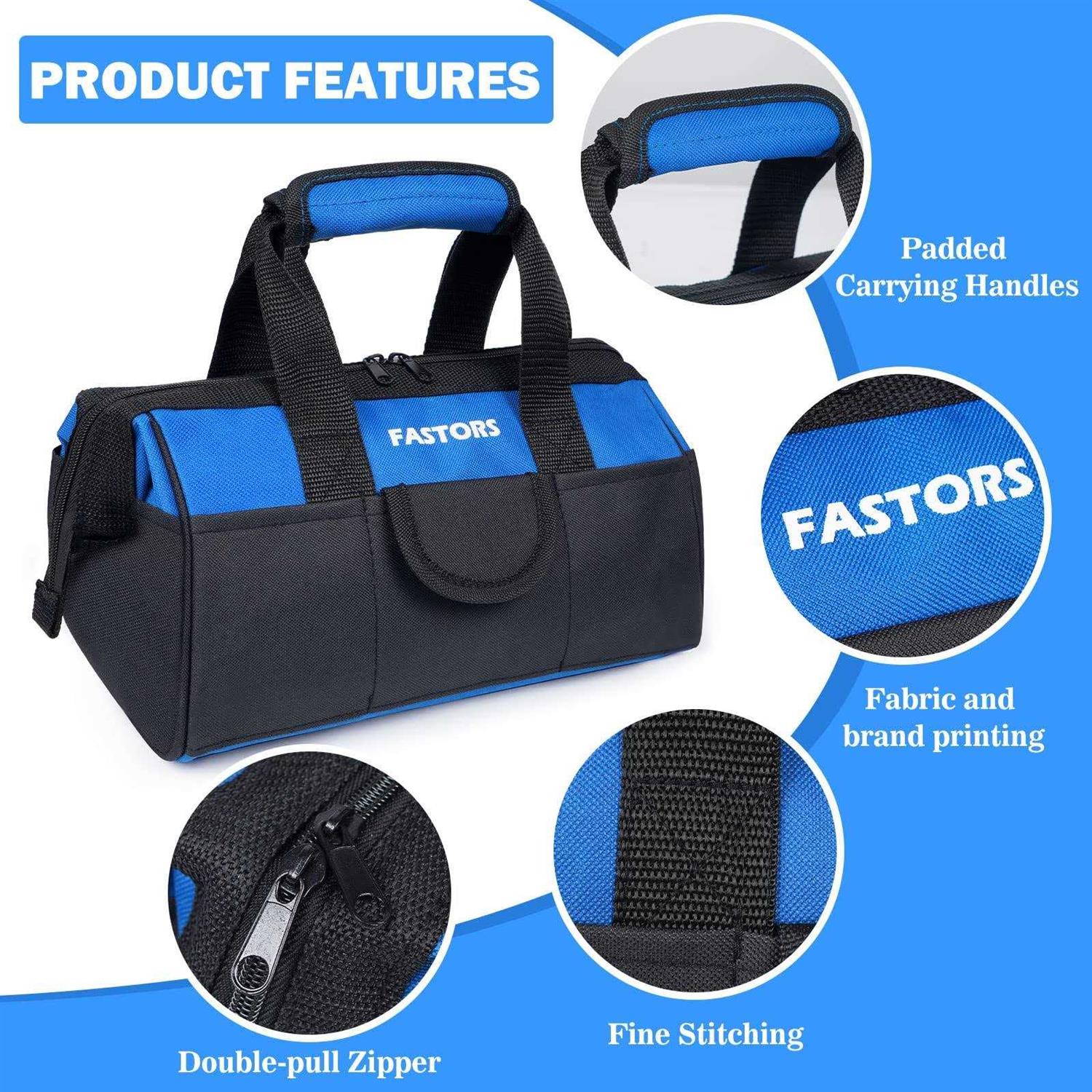 FASTORS Tool Bag 13-Inch Wide Mouth Tool Bag With 8 Pockets Outside and 2 Pockets Inside - Cheap Fitting
