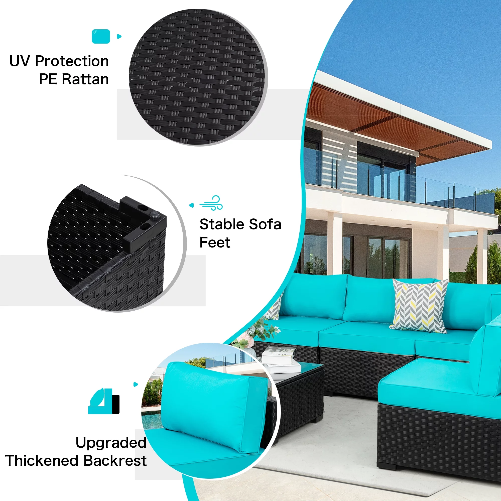 7 Pieces Outdoor Sectional Sofa Furniture Sets, All-Weather Black Wicker Patio Furniture Sets with Tea Table and Washable Couch Cushions Aegean Blue - Cheap Fitting