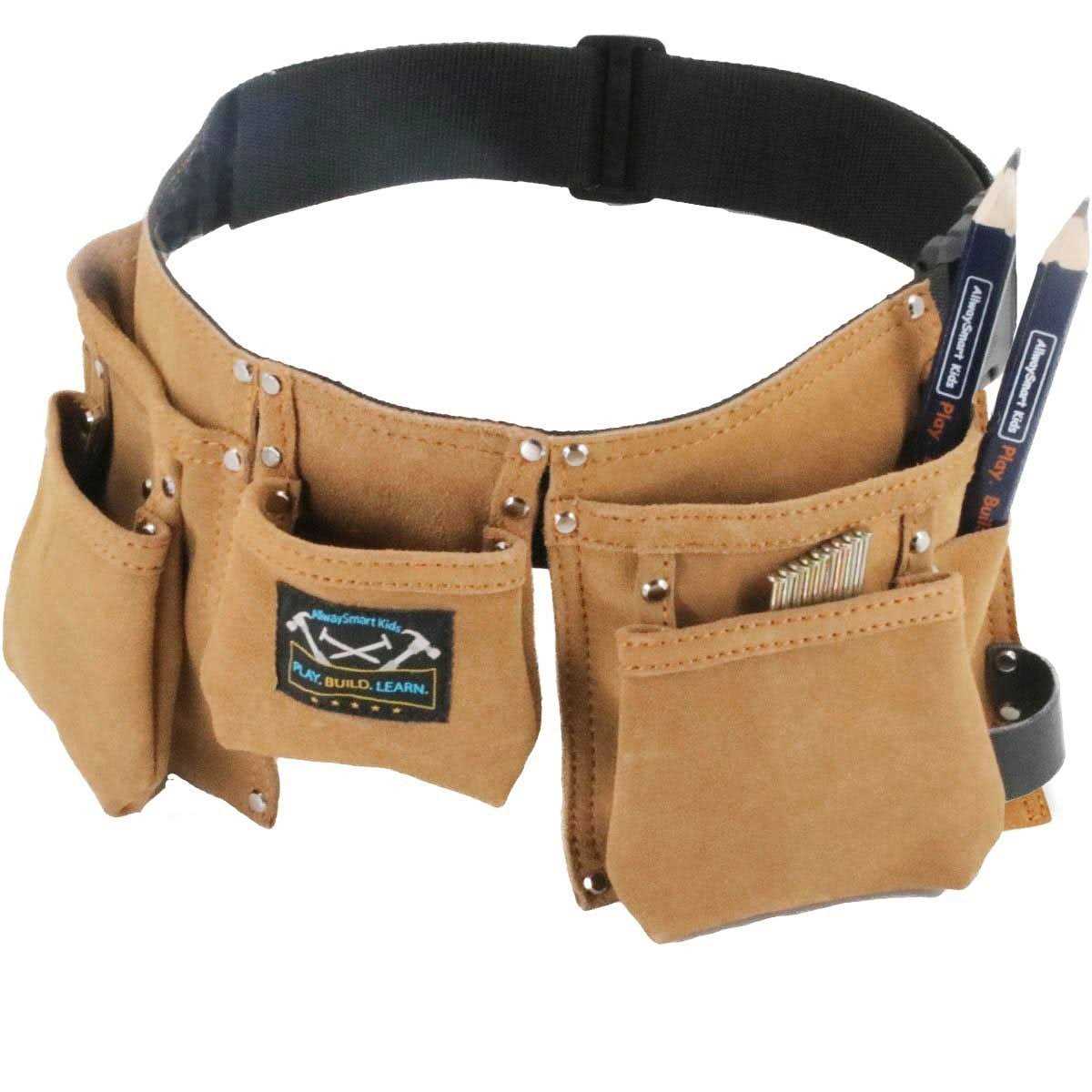 Real Leather Kids Tool Belt for Kids Woodworking Children Carpentry Carpenter Tool Apron for Boys and Girls Young Builders Gift Fits Waist Size 21 - Cheap Fitting