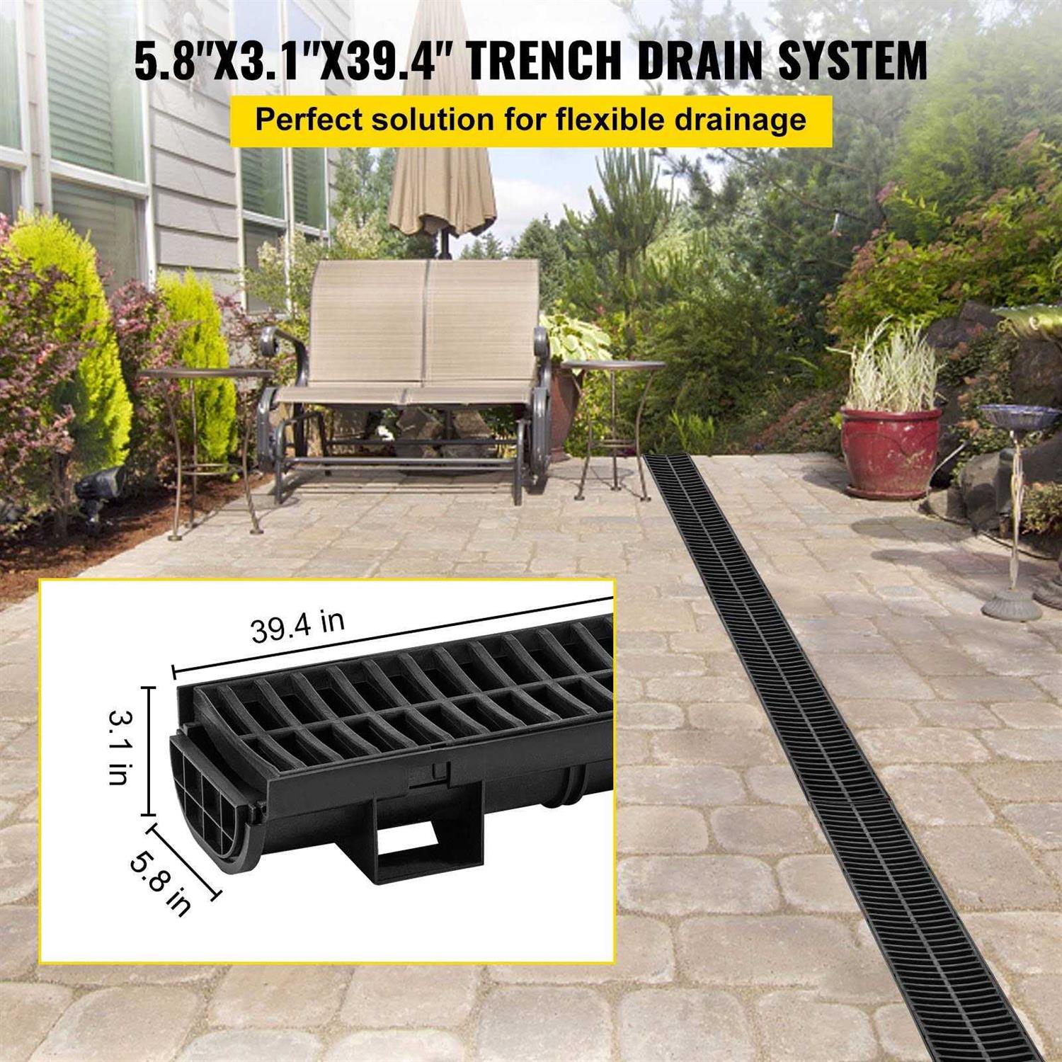 VEVOR Trench Drain System Channel Drain with Plastic Grate 5.8×3.1-Inch Hdpe Drainage Trench PSLGM100456SVQGGJV0 - Cheap Fitting