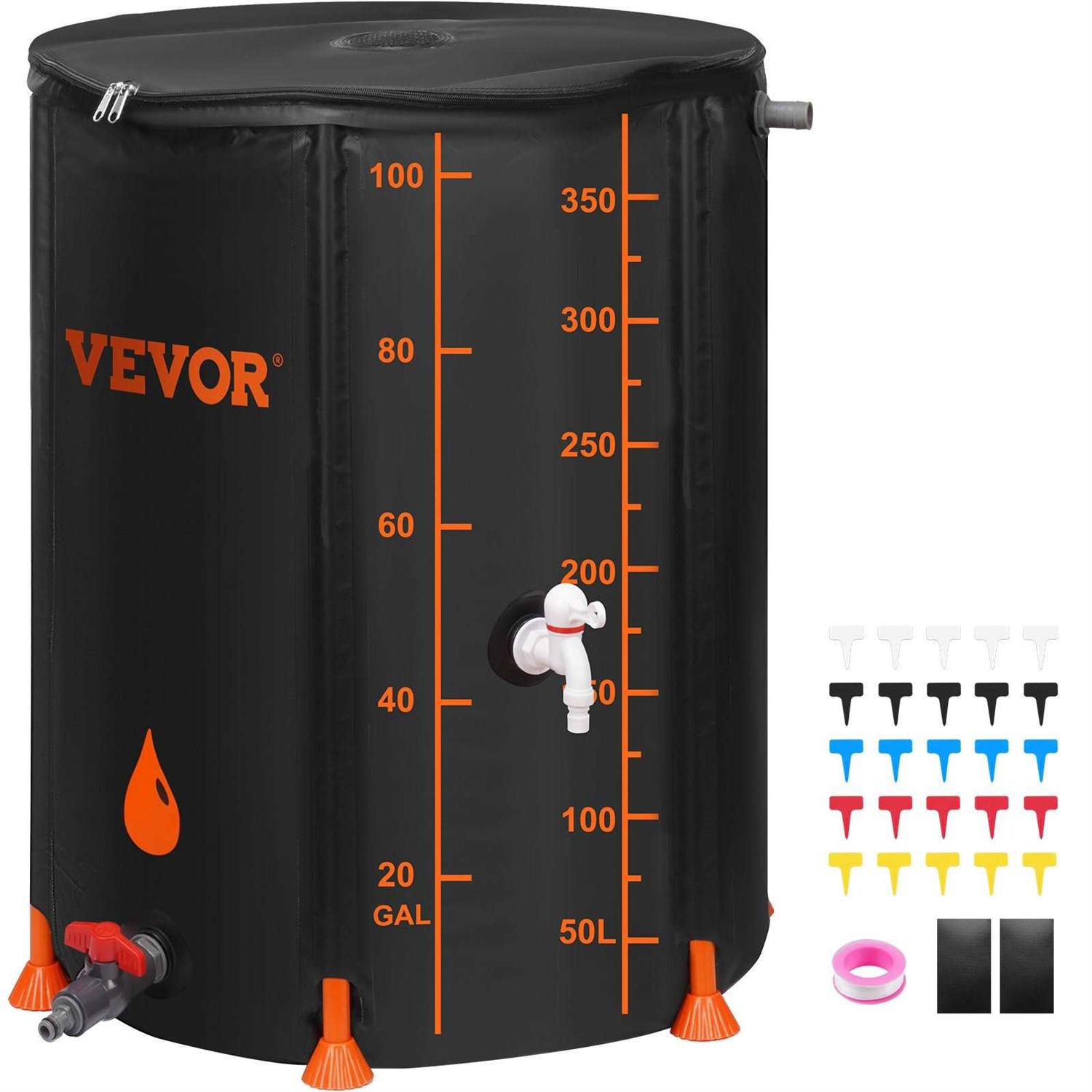 VEVOR Collapsible Rain Barrel, 100 Gallon Large Capacity, PVC Rainwater Collection System Including Spigots and Overflow Kit - Cheap Fitting