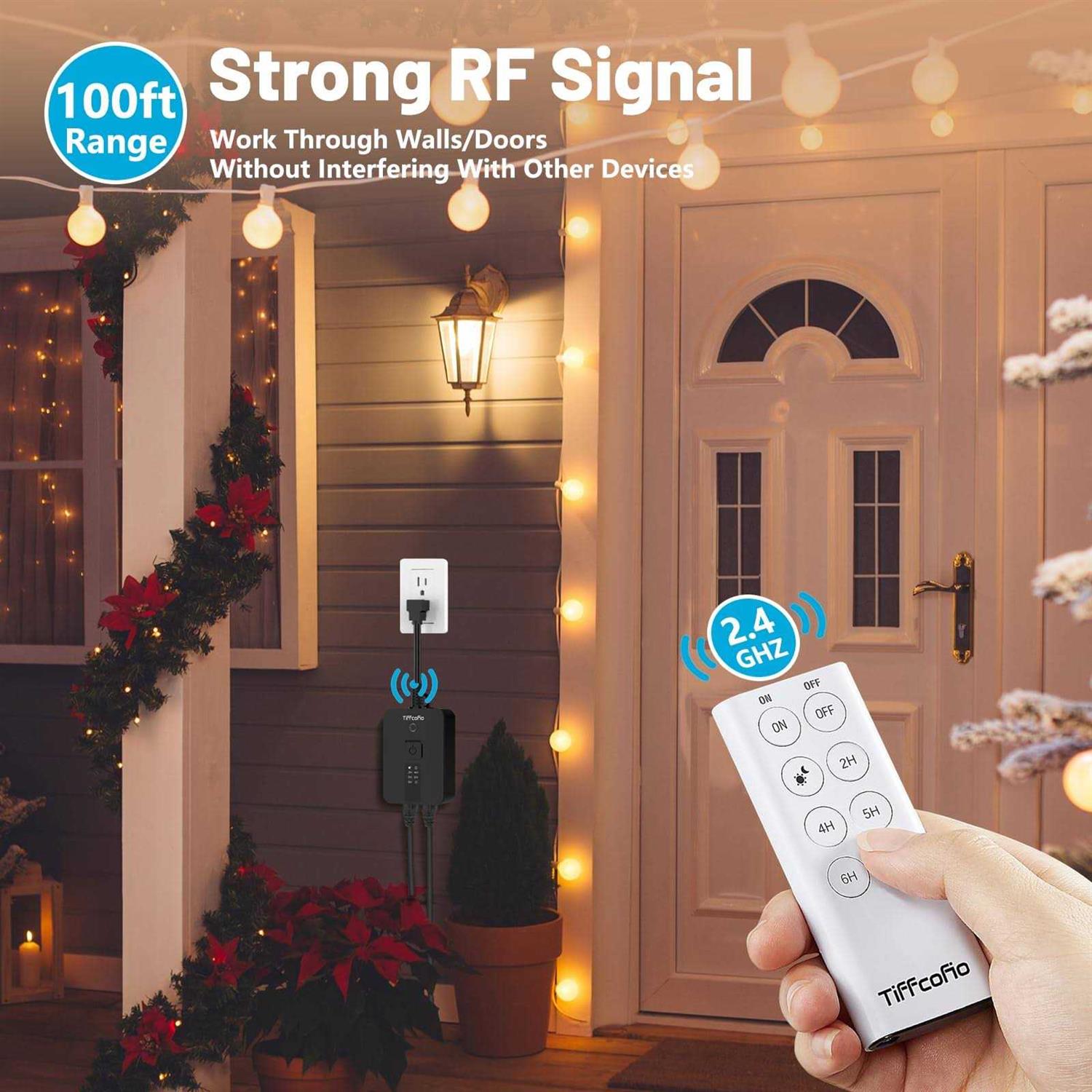 Tiffcofio Outdoor Timer Waterproof, Remote Control Dusk to Dawn Sensor Countdown, 100 ft Range, 2 Grouded Electrical Outlets for Home and Garden - Cheap Fitting