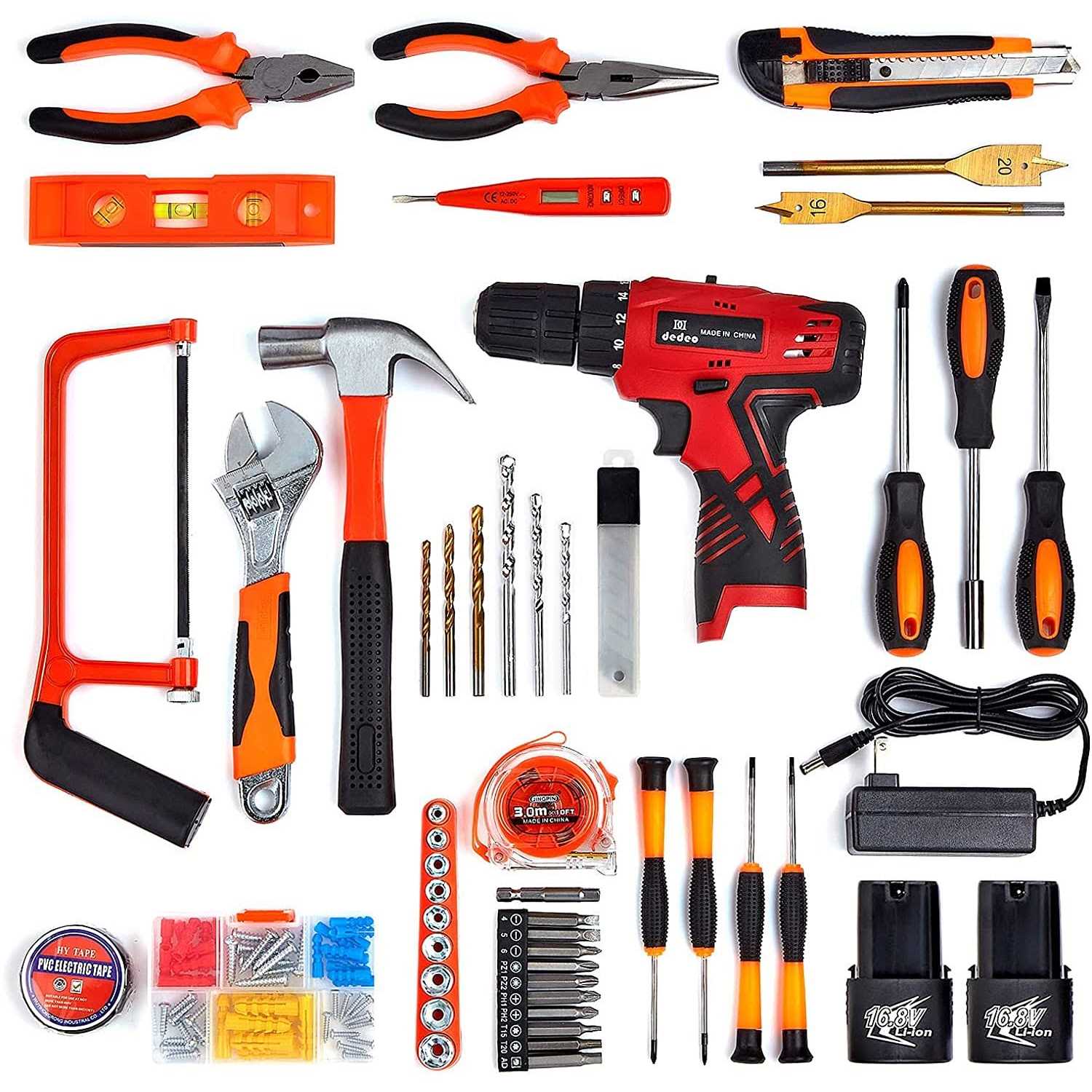 Dd dedeo Tool Set with Drill 108Pcs Cordless Drill Household Power Tools Set with 16.8V Lithium Driver Claw Hammer Wrenches Pliers DIY Accessories - Cheap Fitting