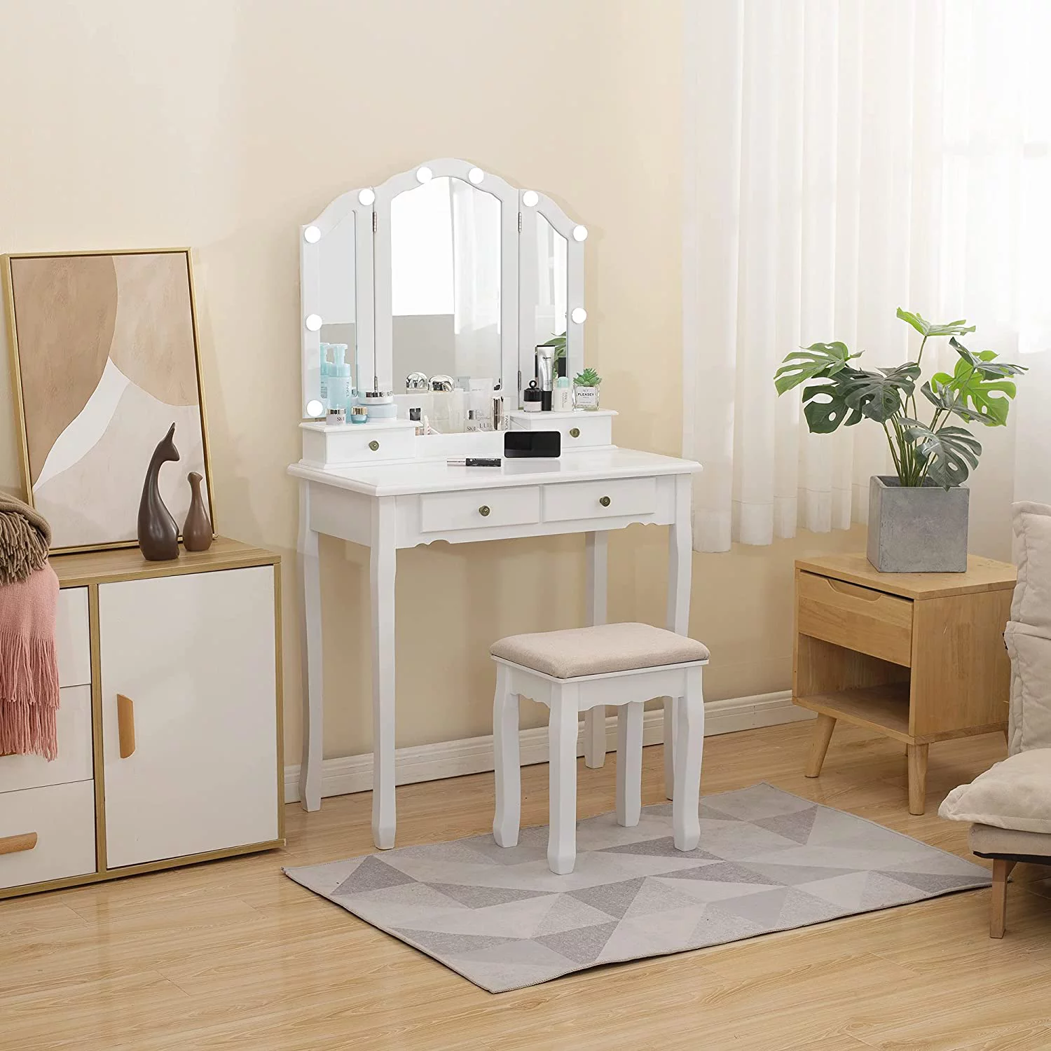 Caroeas Vanity , Tri-Fold Makeup Vanity with Mirror, Lights and Padded Vanity Stool, Bedroom Solid Wooden Vanity Set, 5 Drawers, 2 Brush Slots and 2 Open Compartments, White Finish - Cheap Fitting