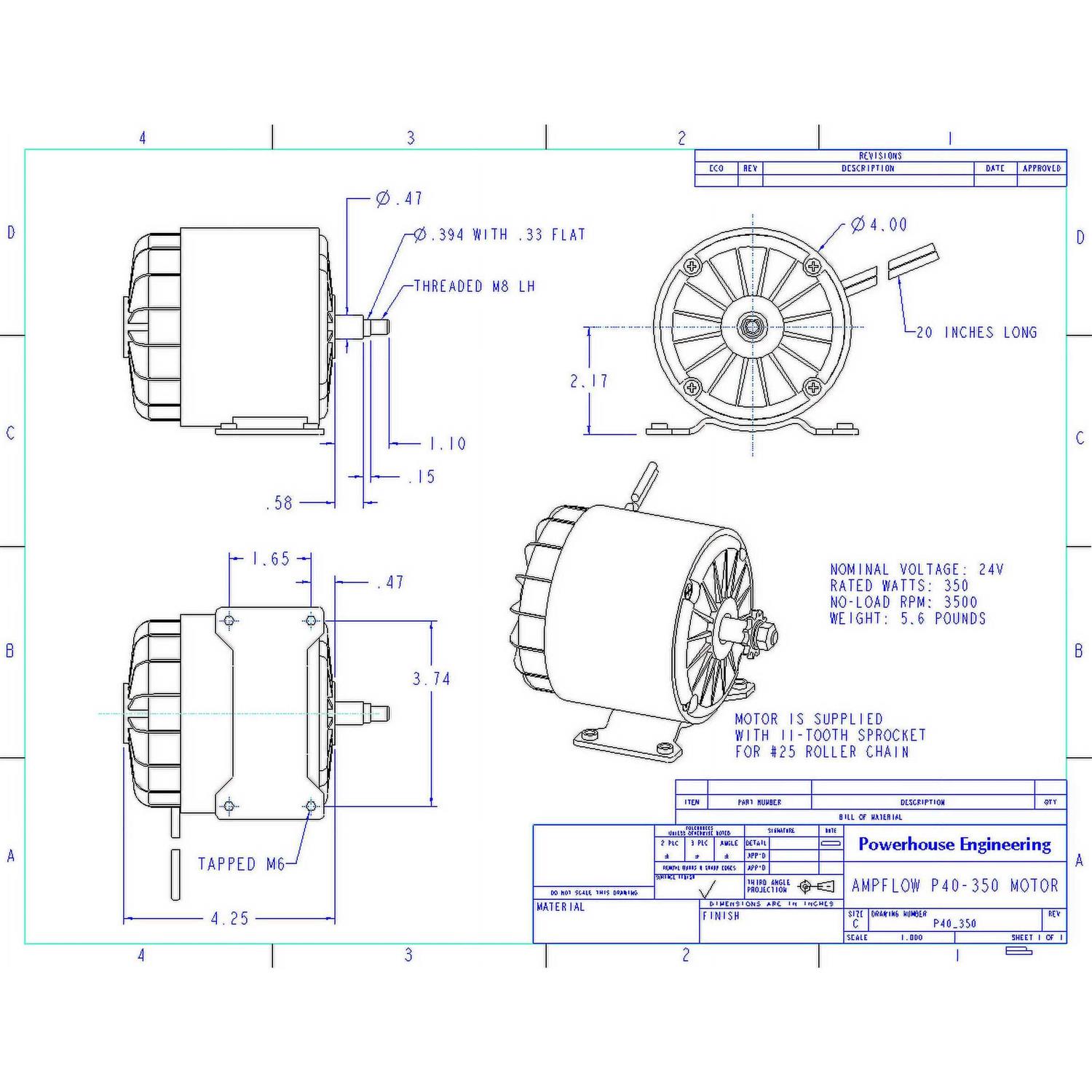 Ampflow P40-350 Brushed Electric Motor, 350w, 12v, 24v or 36 Vdc - Cheap Fitting