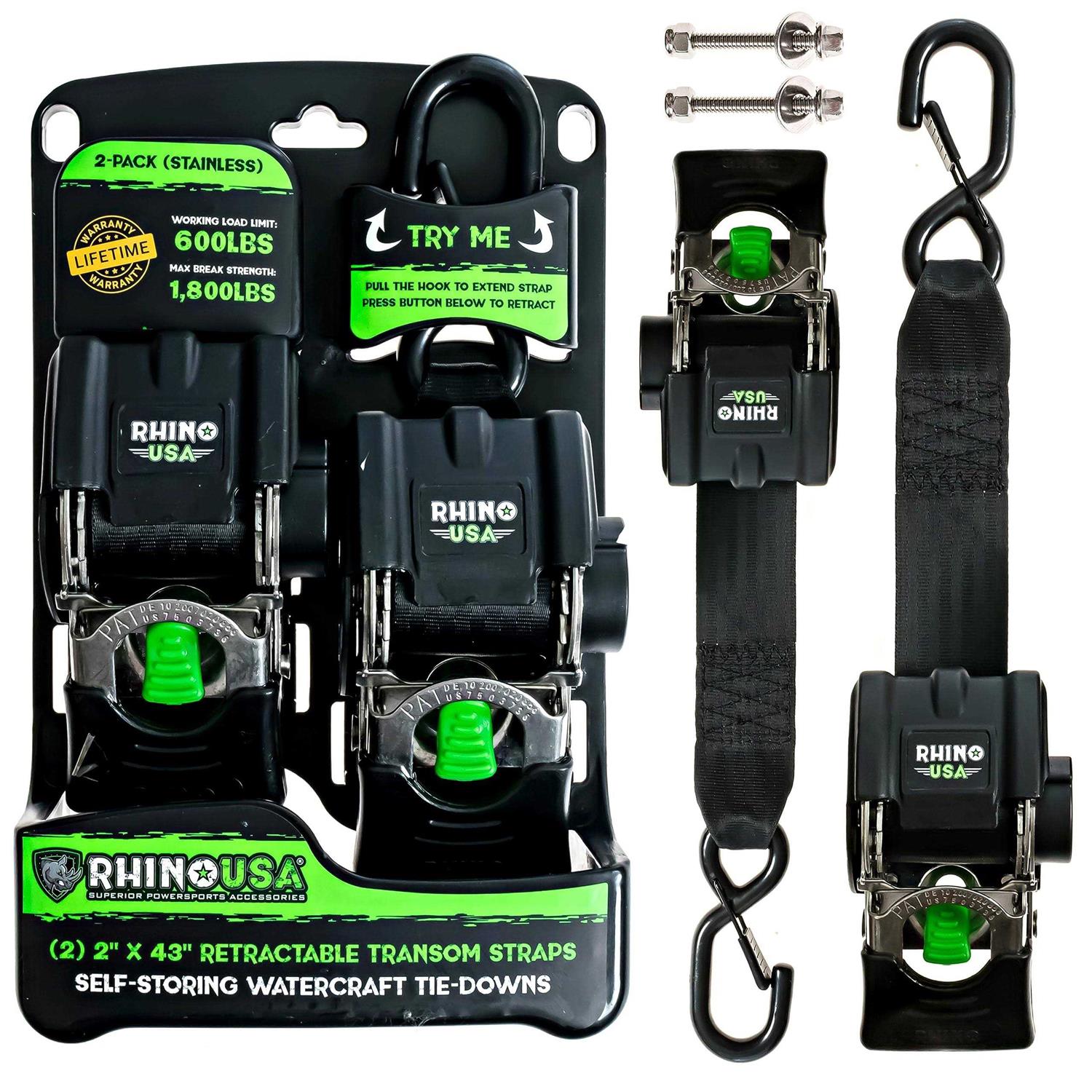 Rhino USA Retractable Transom Tie-Down Straps 1,800lb Guaranteed Max Break Strength - Cheap Fitting