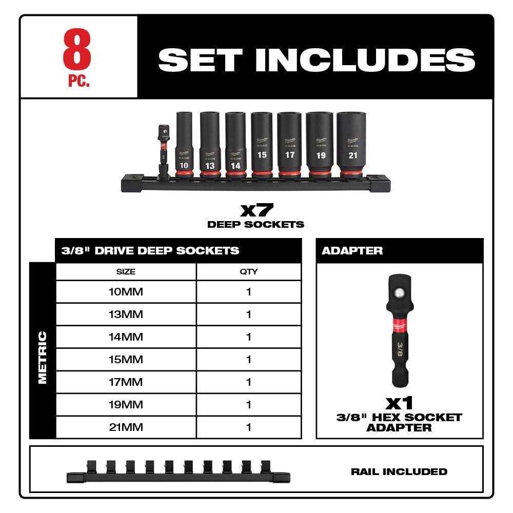 Milwaukee 49-66-7021 8PC SHOCKWAVE Impact Duty 3/8 Drive Metric Deep 6 Point Socket Set - Cheap Fitting
