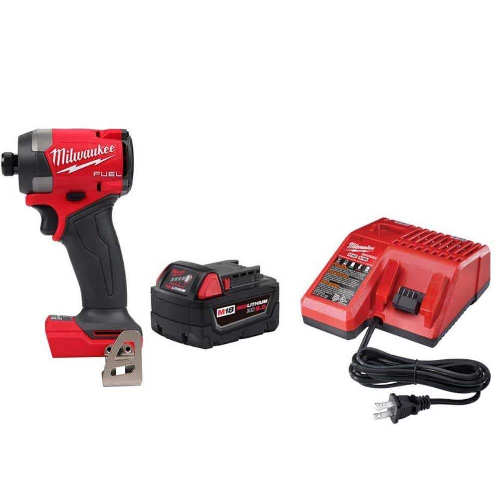 Milwaukee M18 18-V Lithium-Ion XC Starter Kit with One 5.0Ah Battery, Charger and 1/4 in. Hex Impact Driver - Cheap Fitting