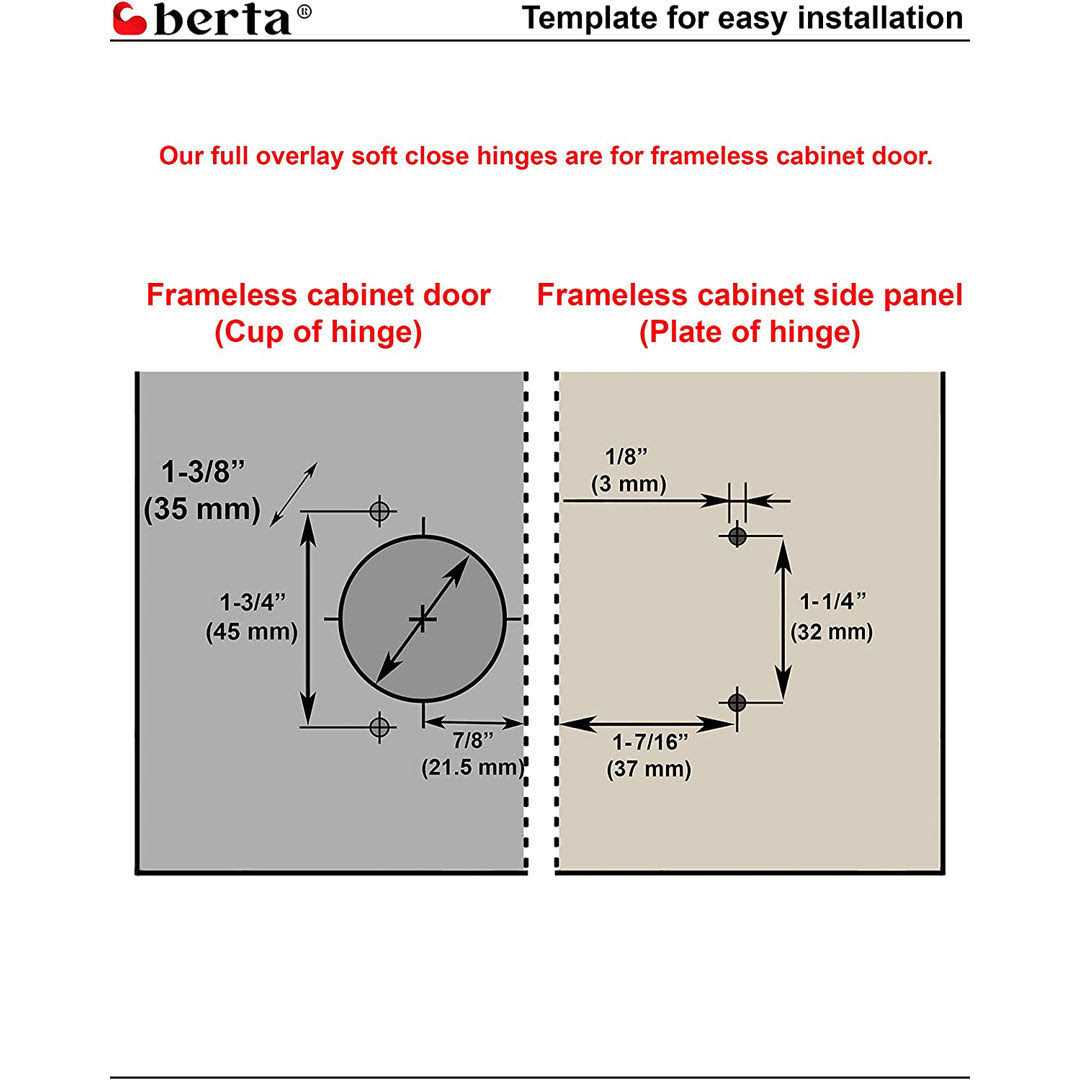 Berta 105-Degree 35 mm Half Overlay Frameless Cabinet Hinges with Installation Screws - Cheap Fitting