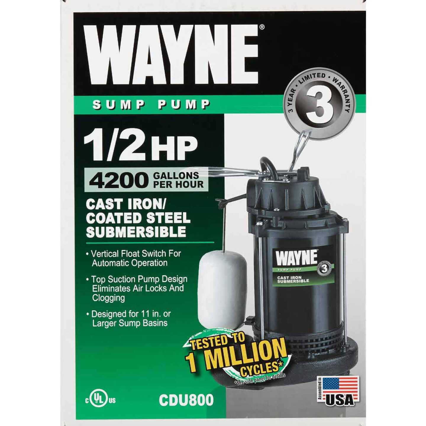 Wayne CDU800 1/2 HP Submersible Cast Iron Sump Pump - Cheap Fitting