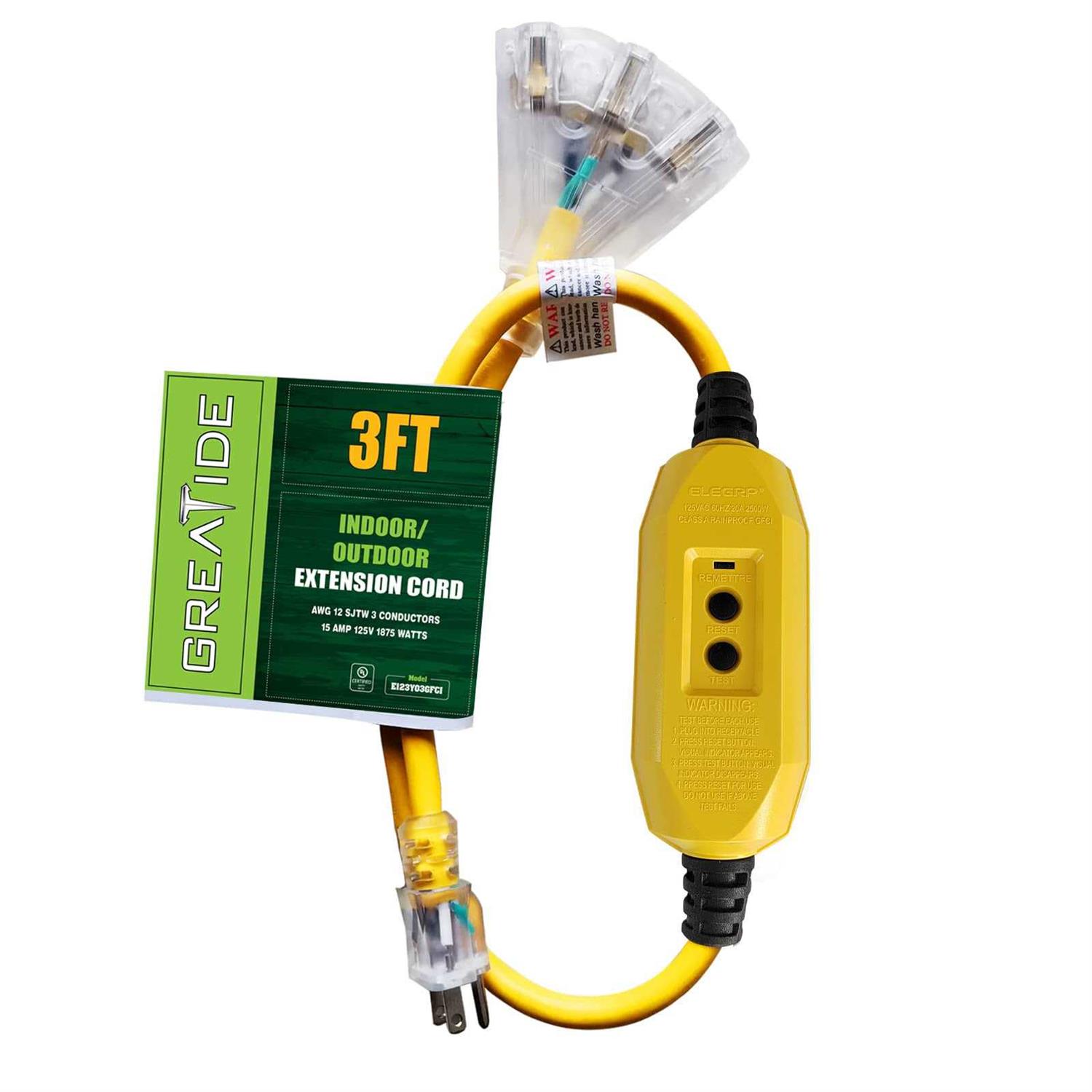 GREATIDE 3 Ft Outdoor GFCI Lighted Extension Cord with 3 Power Outlets - Cheap Fitting
