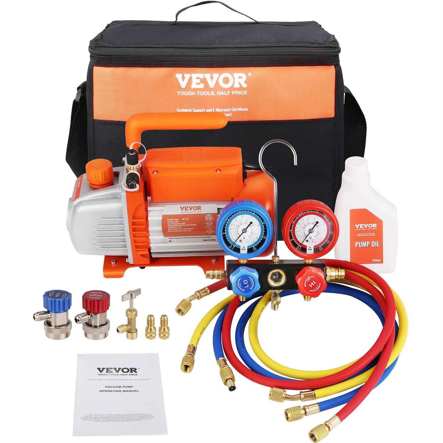 VEVOR Vacuum Pump and Gauge Set 1/4 Hp 4.5 Cfm Single Stage Rotary Vane Hvac Air Vacuum Pump Manifold Gauge for R134a R410a - Cheap Fitting